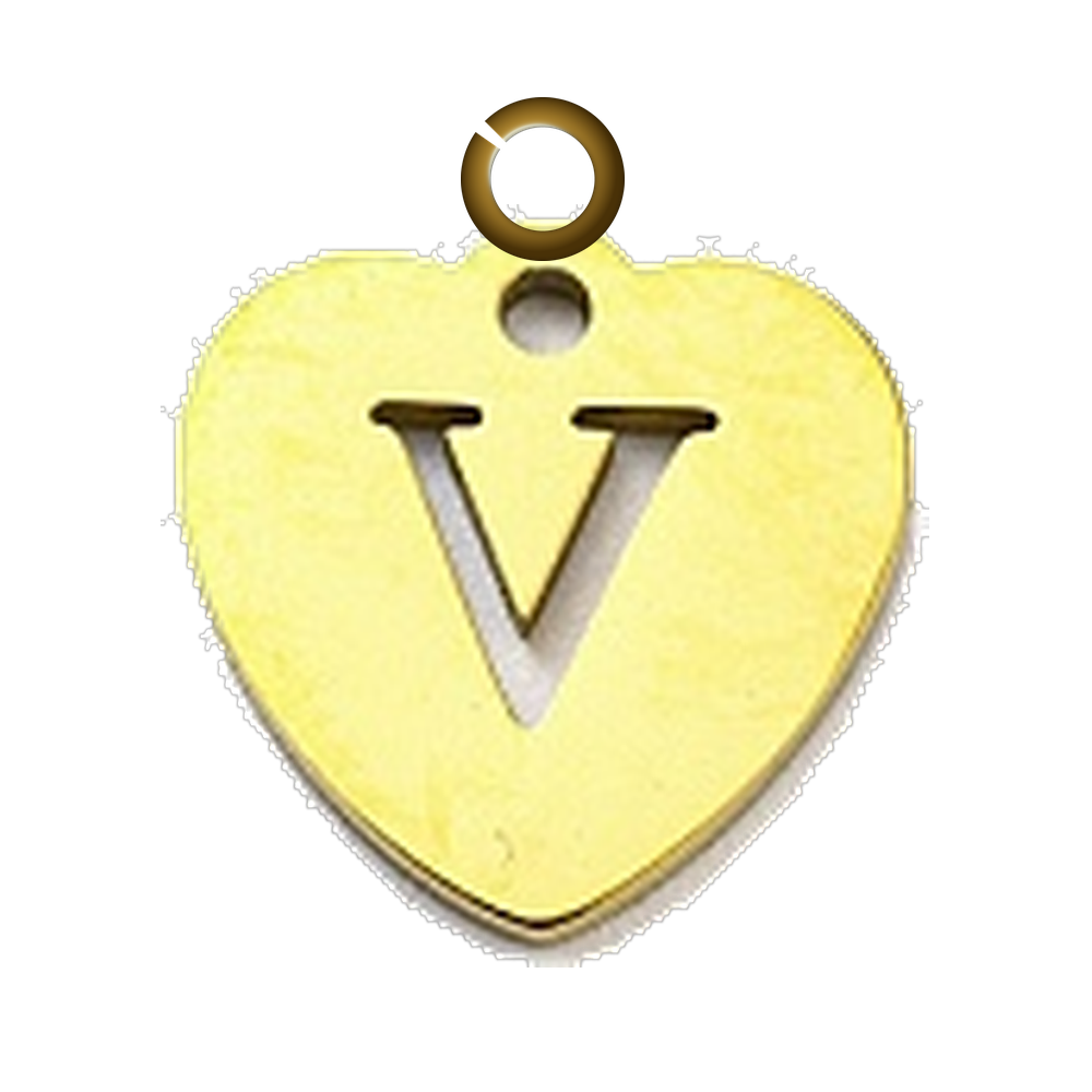 Stamped Heart Letter Charm - V charm with jump ring