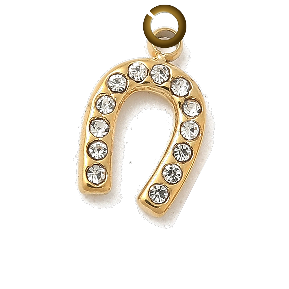 Rhinestone Horseshoe Charm - Gold charm with jump ring