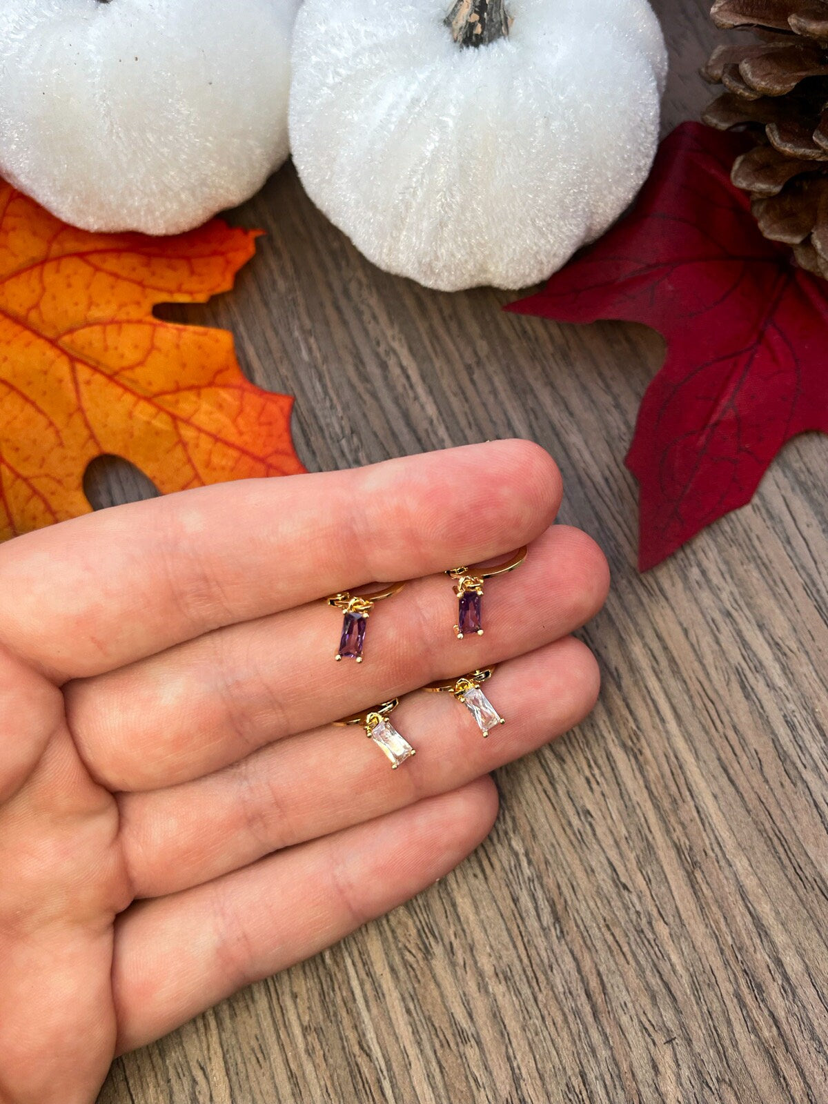 18k Gold Filled Cubic Zirconia Huggie Hoop Earring | Purple White Gemstone Earrings | Gold Jewelry | Birthstone Earring | Stainless Steel |
