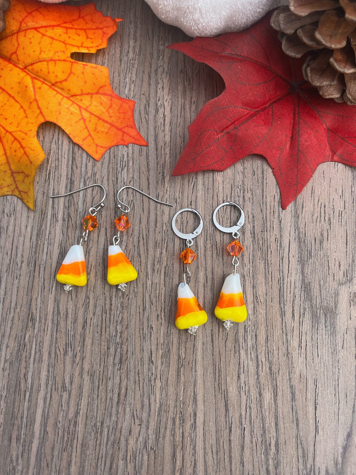 Candy Corn Dangle Earrings | Huggie Hoop Orange Triangle Earrings | Halloween Candy Spooky Fun Earrings | Spooky Season | Stainless Steel |