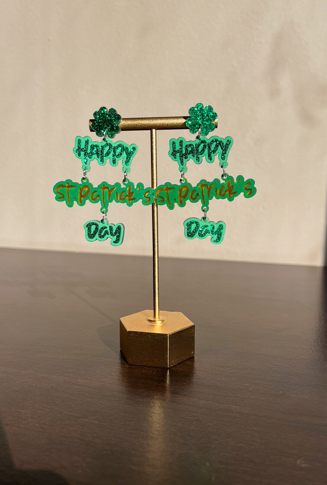 Happy St. Patrick’s Day Earrings | Large Statement Dangle Earrings | St Patrick’s Day Festive Green Gold Colors | Irish Earrings Colorful |