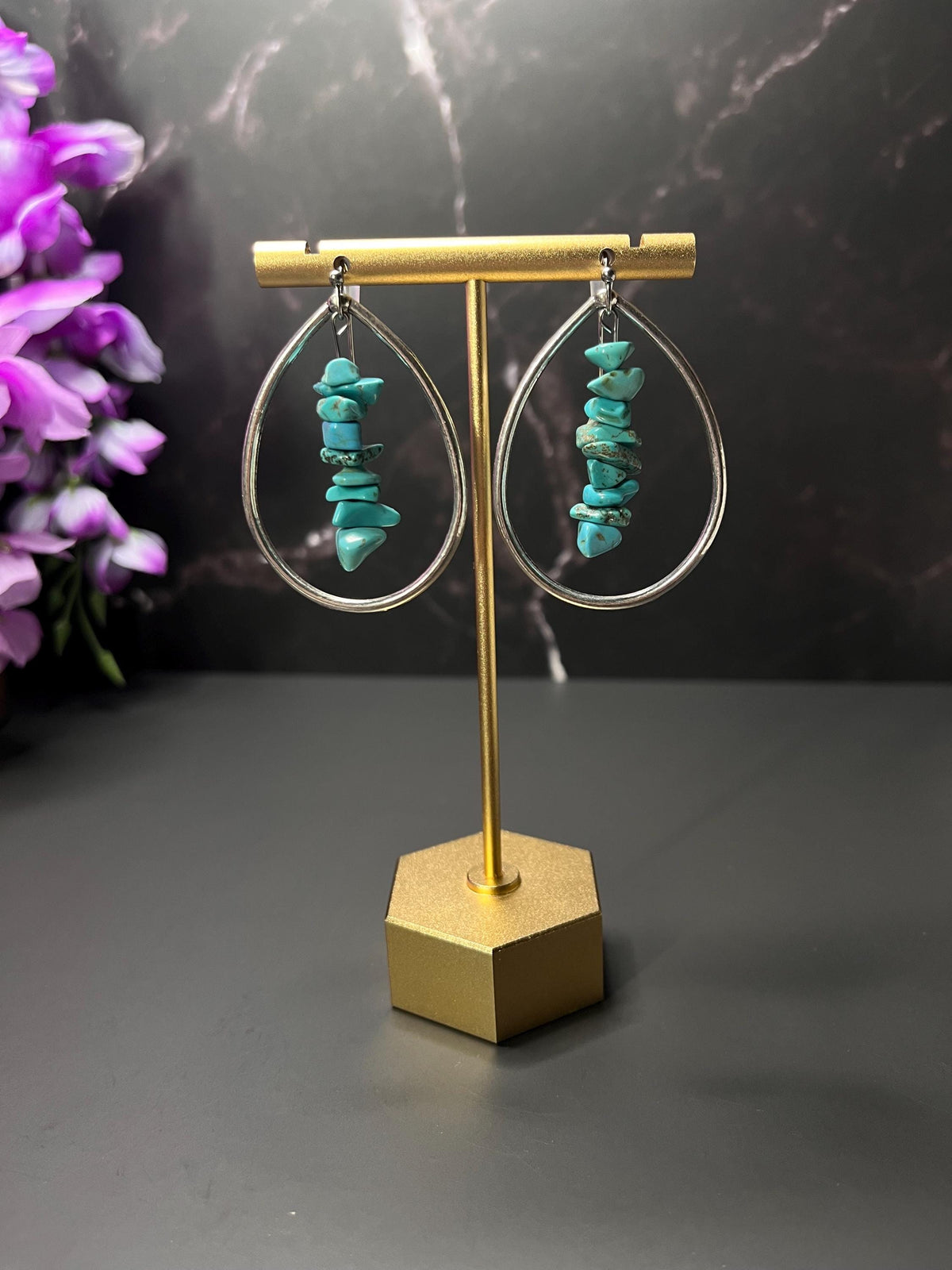 Western Hoop Earrings | Turquoise Stone Hoop Earrings | Silver Western Jewelry | Silver Teardrop Hoops | Jewelry for Women | Lightweight |