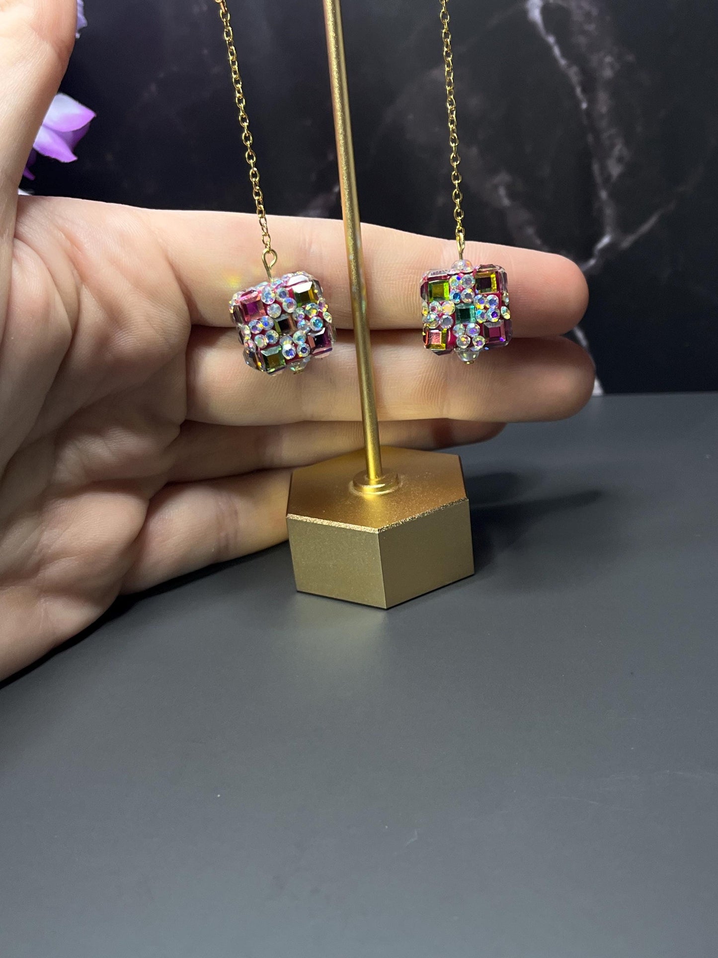 Sparkly Square Rhinestone Earrings | Magenta and Green Drop Earrings | Formal Minimalist Drop Earrings | Gifts for Her | Stainless Steel |