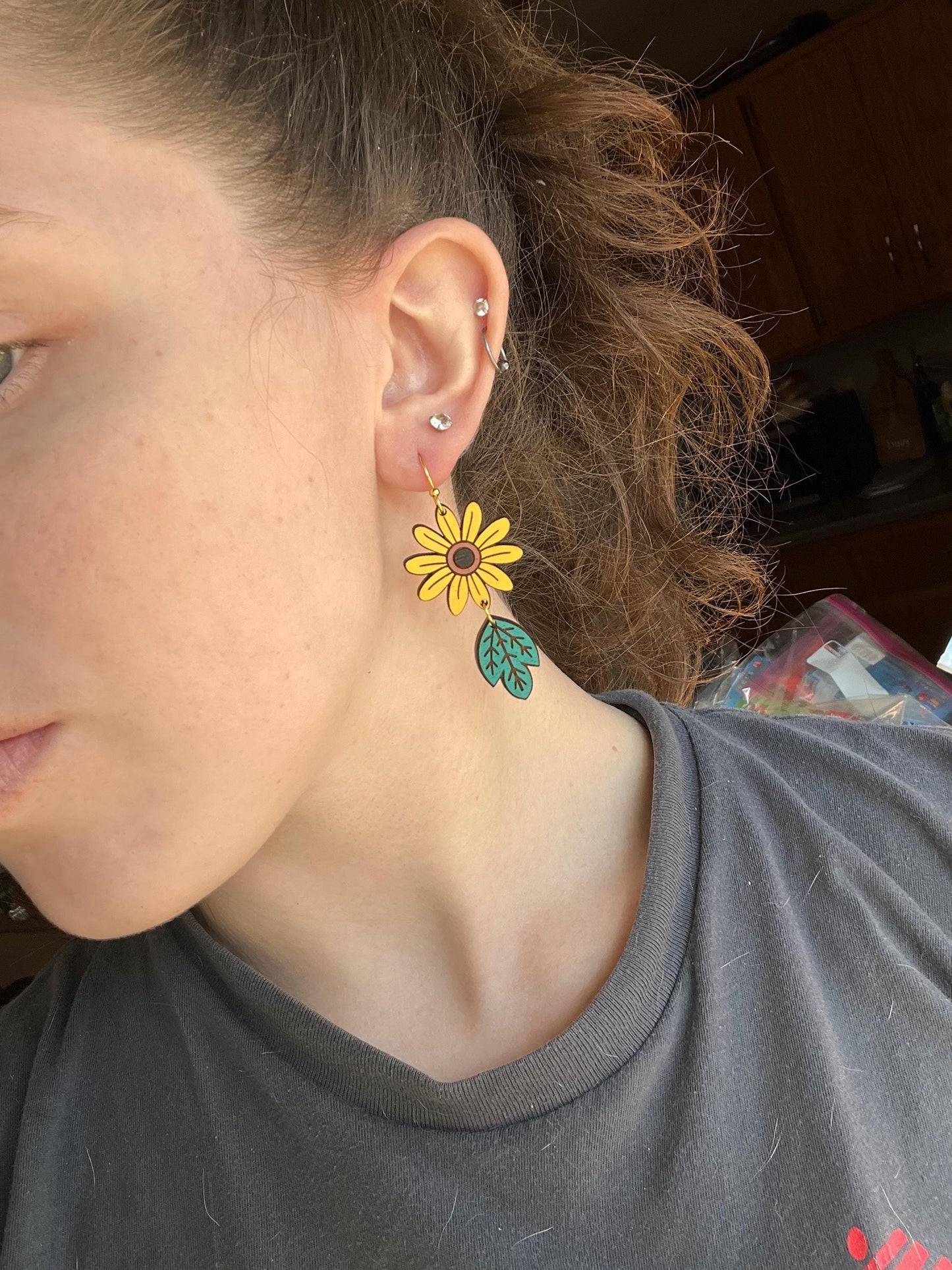 Wood Sunflower Earrings | Flower Drop Earings | Lightweight Wood Earrings | Flowers | Gifts for Women | Spring Summer Jewelry |