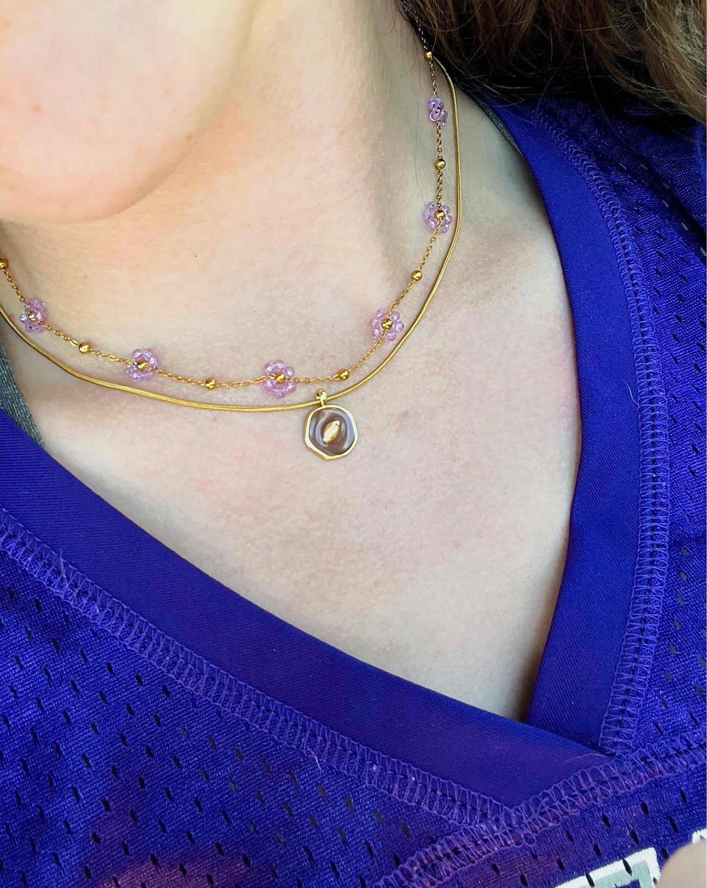 Stainless Steel Purple Flower Beaded Necklace | Gold Flower Necklace | Game Day Kansas State | Layering Necklace | Dainty Flower Chain |