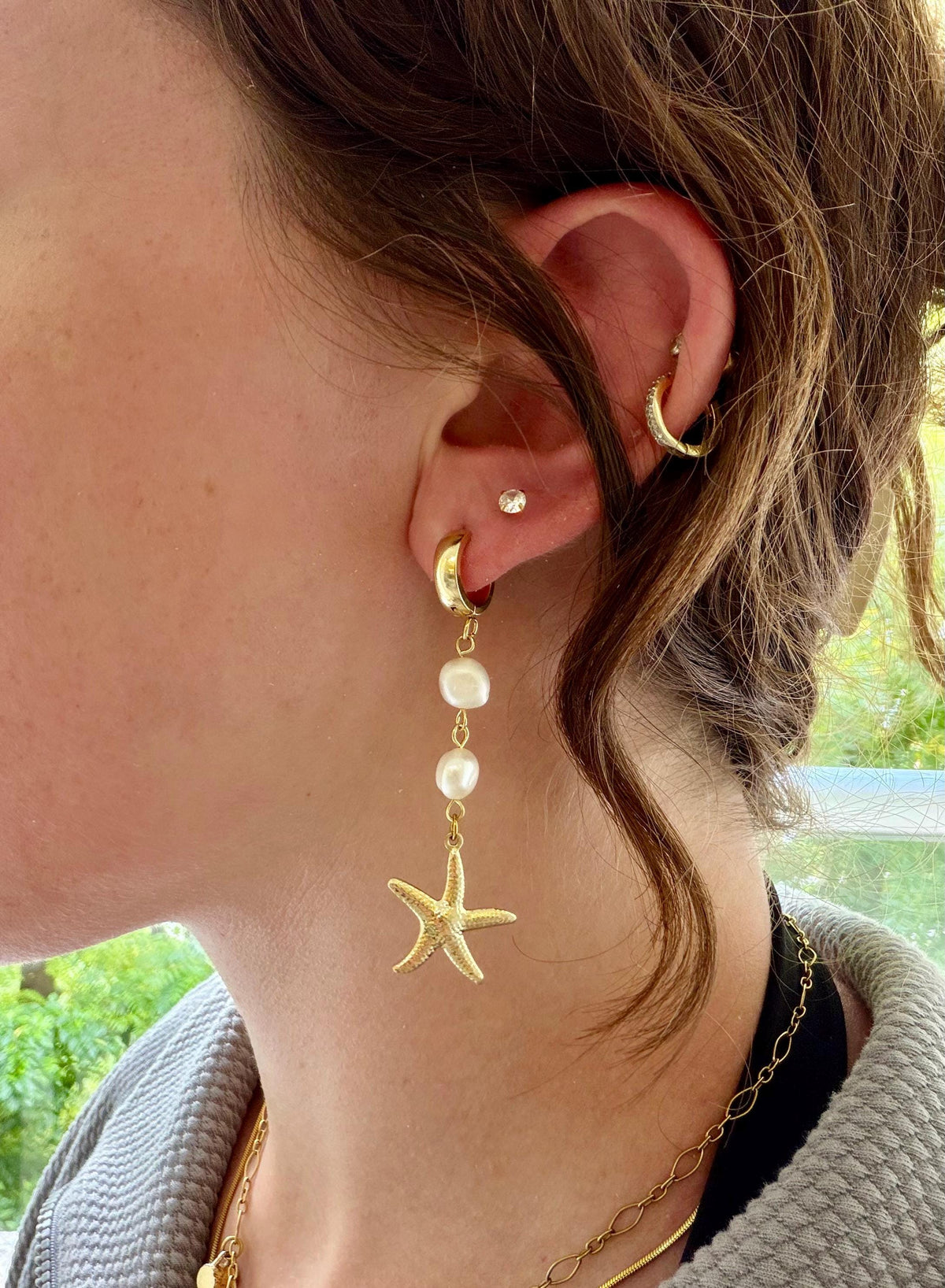 Starfish Pearl Drops | Stainless Steel Huggies | Summer Beach Earrings |