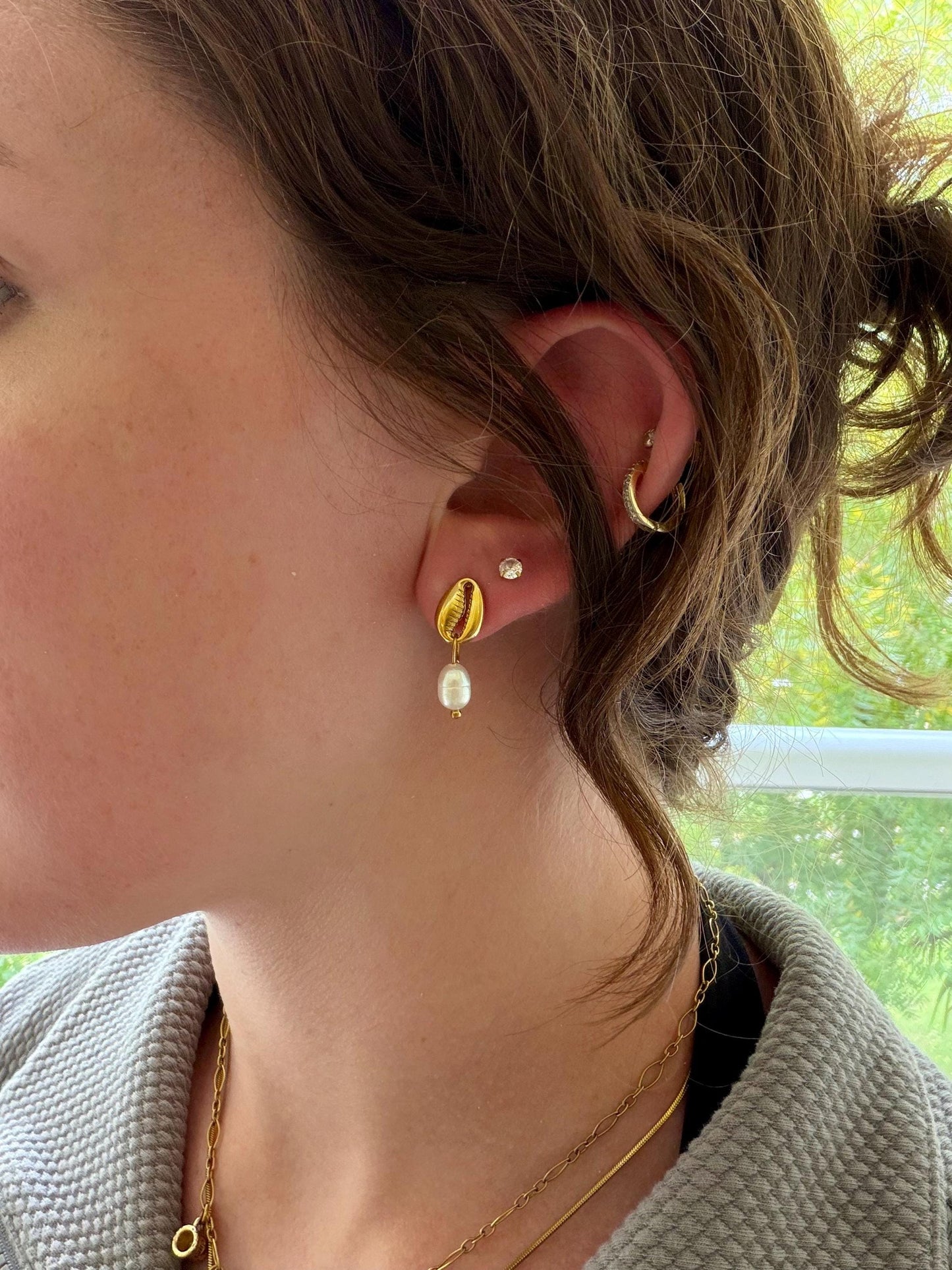 Cowrie Pearl Studs | Stainless Steel Water Resistant Studs | Summer Beach Ocean Earrings |