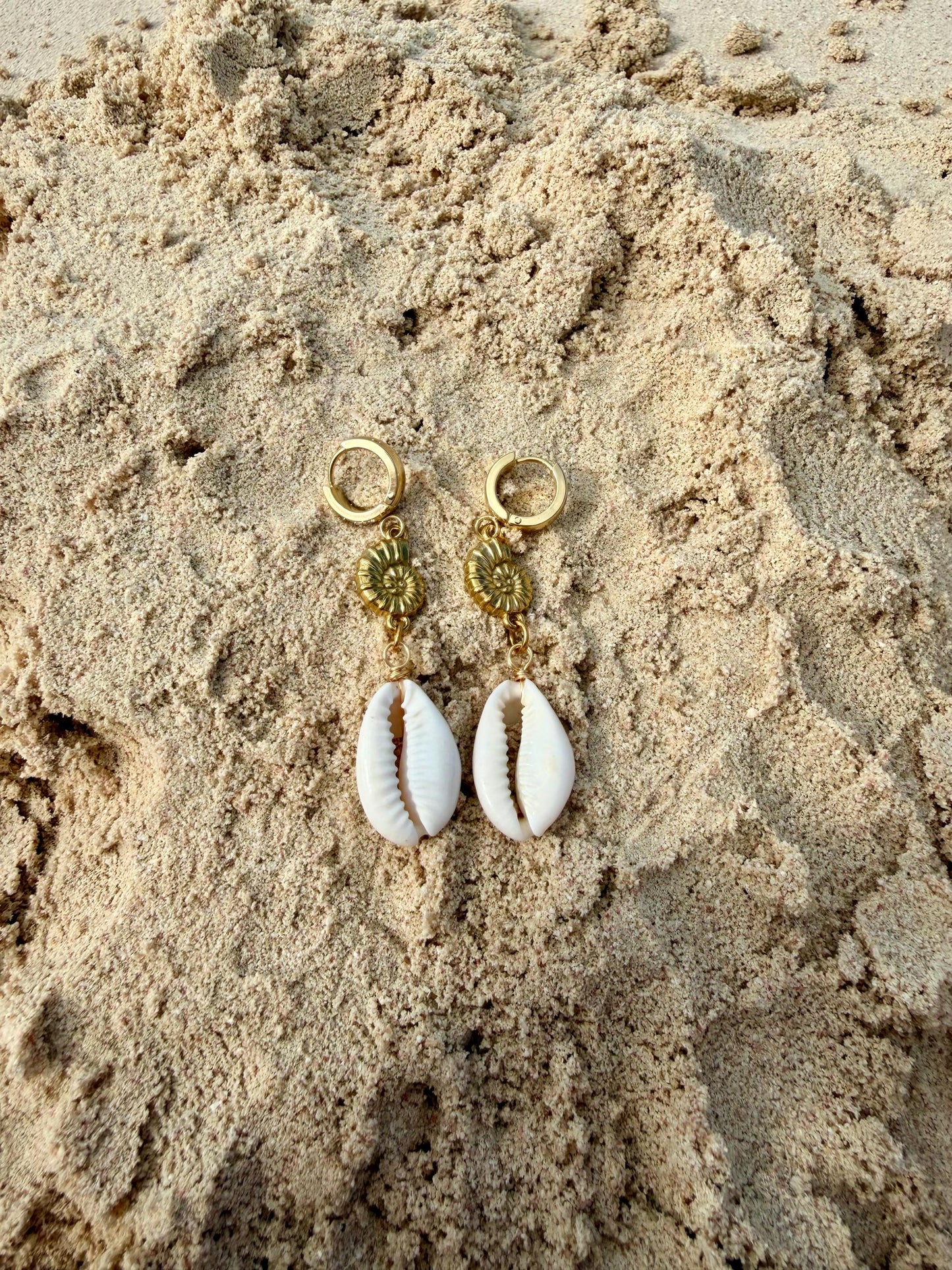 Soleil Shell Huggies | Stainless Steel Water Resistant Huggies | Beach Summer Ocean Hoop Earrings |