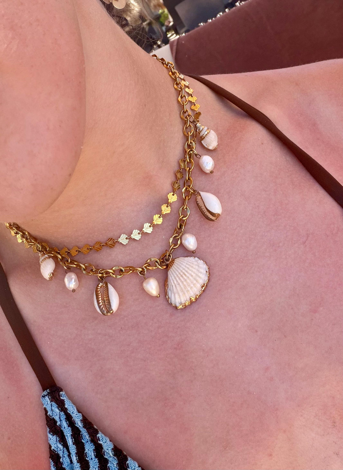 Coastal Pearl Charm Necklace | Shell Charm Necklace Gold | Stainless Steel Chain | Beach Jewelry | Statement Necklace| Cowrie Shell Necklace