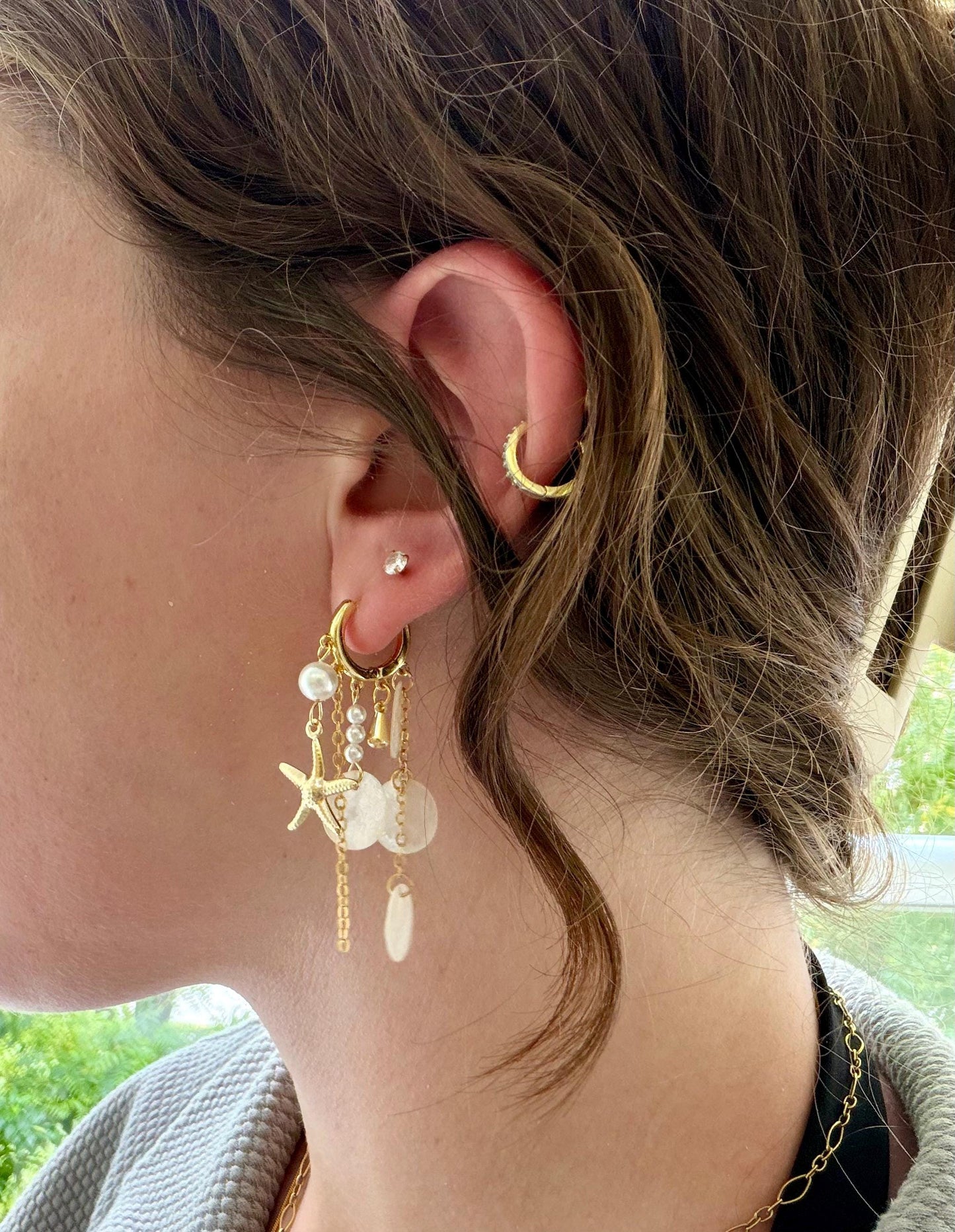 Tidepool Treasure Huggies | Gold Starfish Shell Earrings | 18K Gold Plated Huggie Hoops | Coastal Charm Earrings | Beach Jewelry |