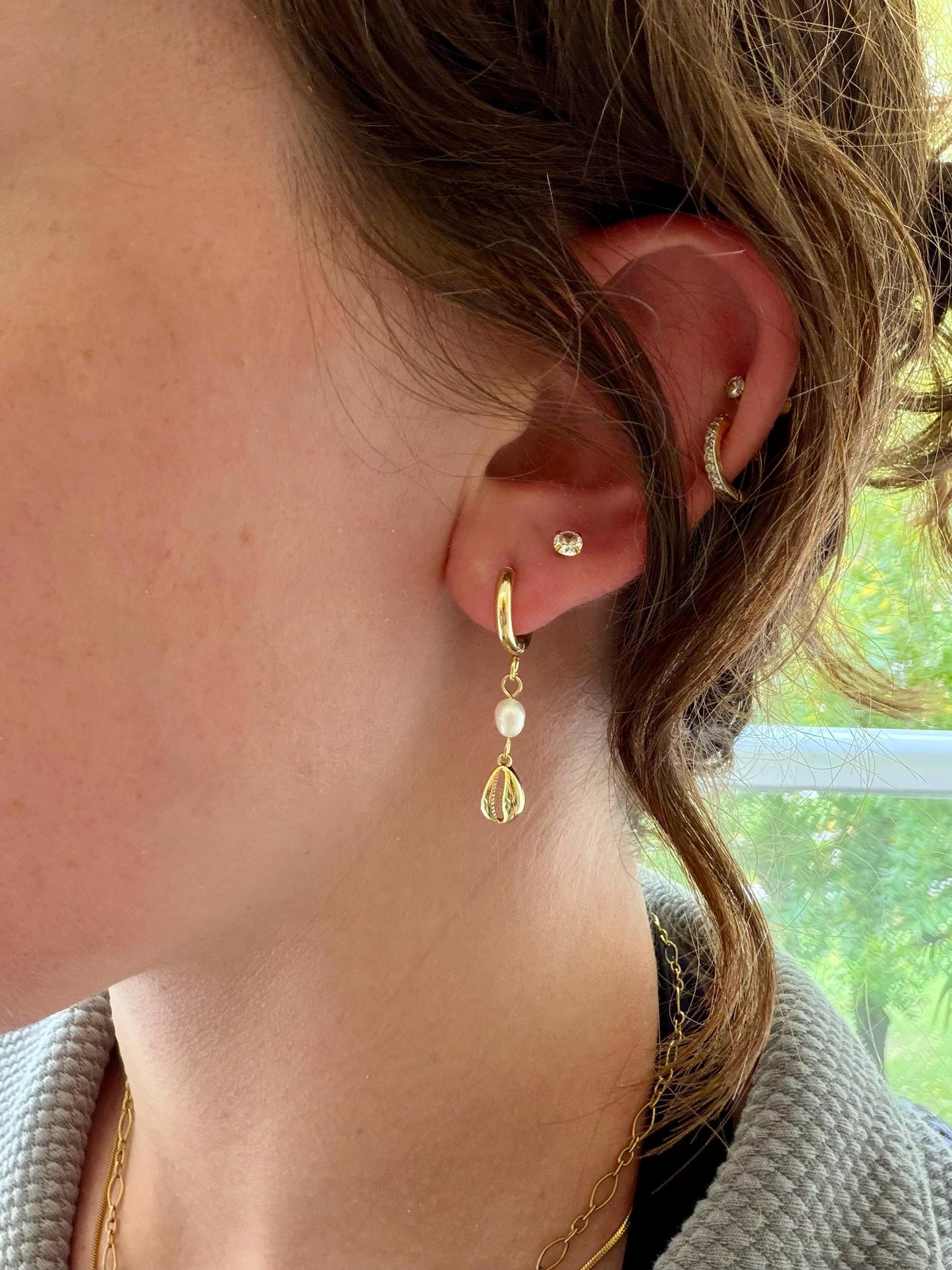 Cowrie Pearl Huggies | Gold Cowrie Shell & Pearl Earrings | Stainless Steel Hoop Earrings | Coastal Jewelry | Beach Earrings | Dainty |