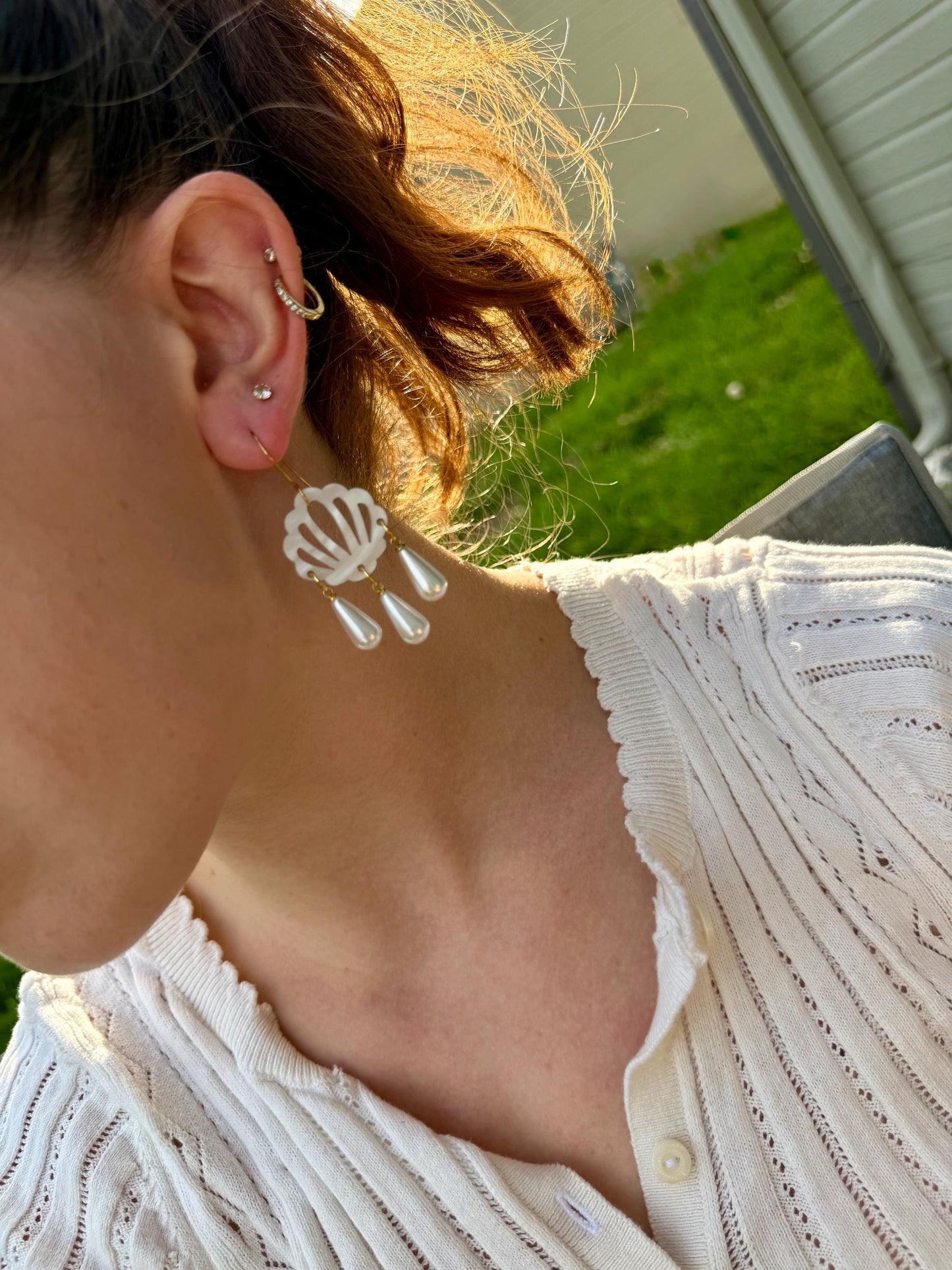 Pearl Shell Chandelier Earrings | Acrylic Shell & Faux Pearl Drop