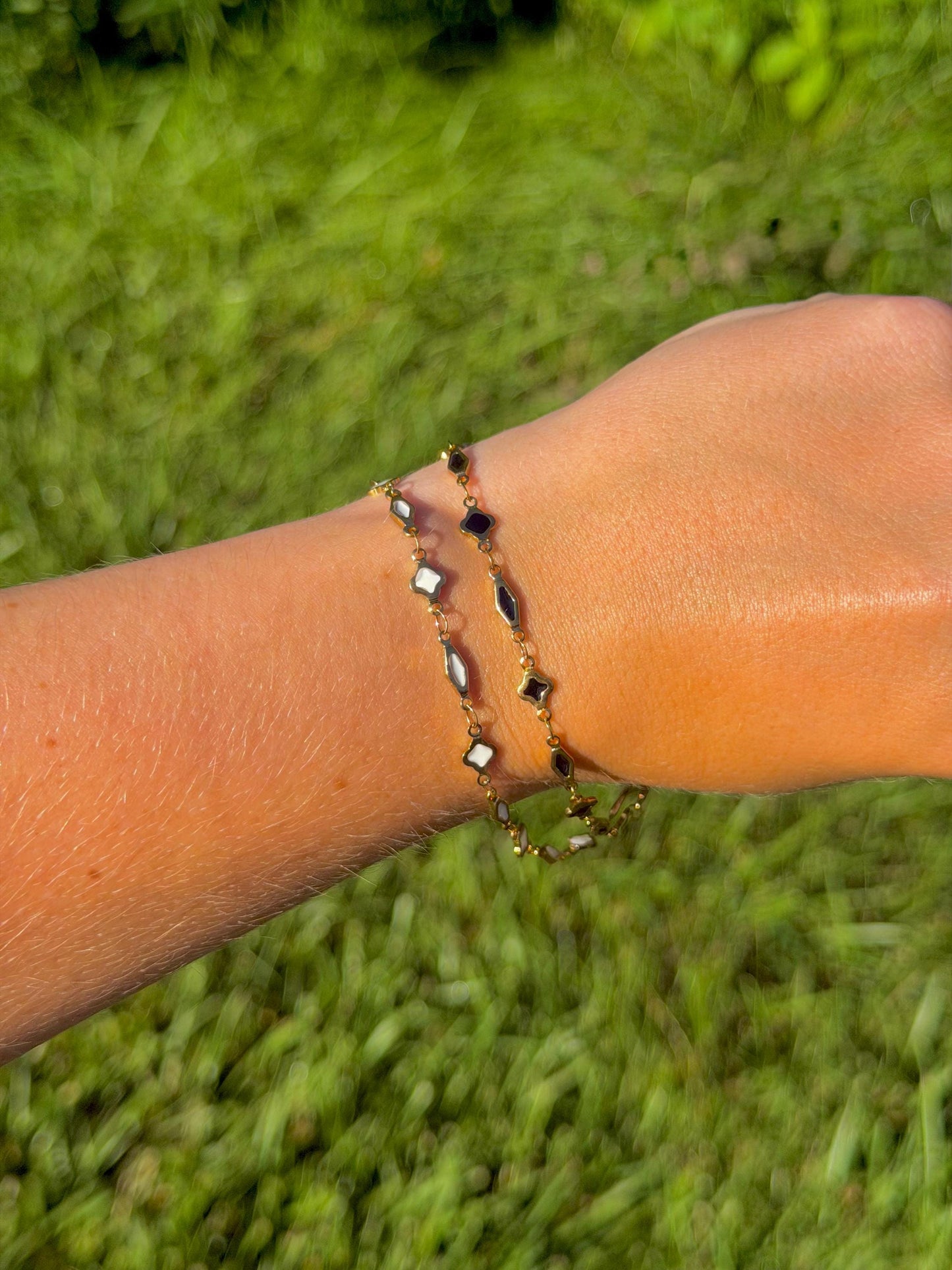 Noir Clover Chain Bracelet | Stainless Steel Water Resistant | Black White Enamel Jewelry