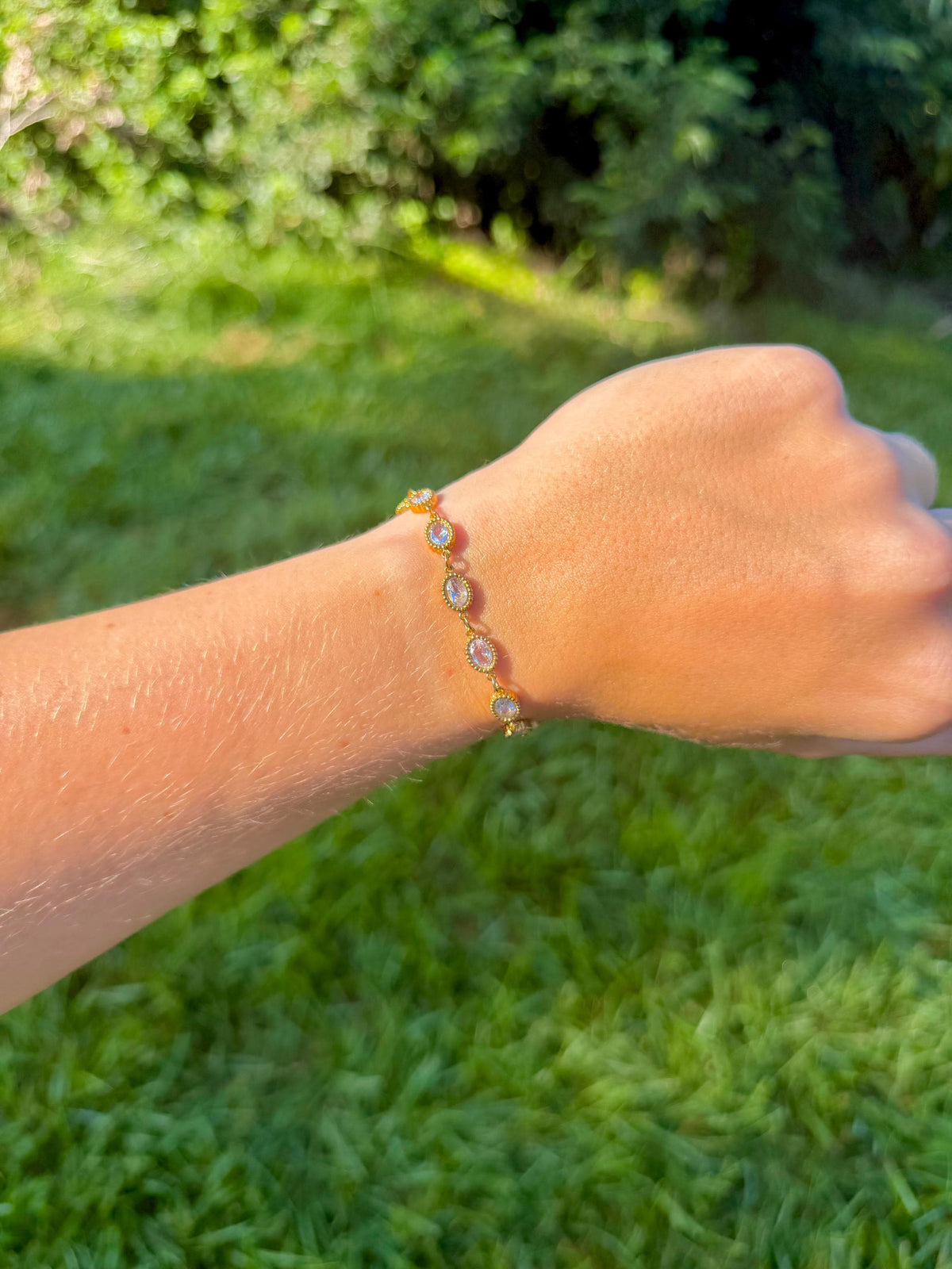 Bezel Set CZ Tennis Bracelet | Gold Stainless Steel Oval Link Bracelet | Waterproof & Tarnish Free
