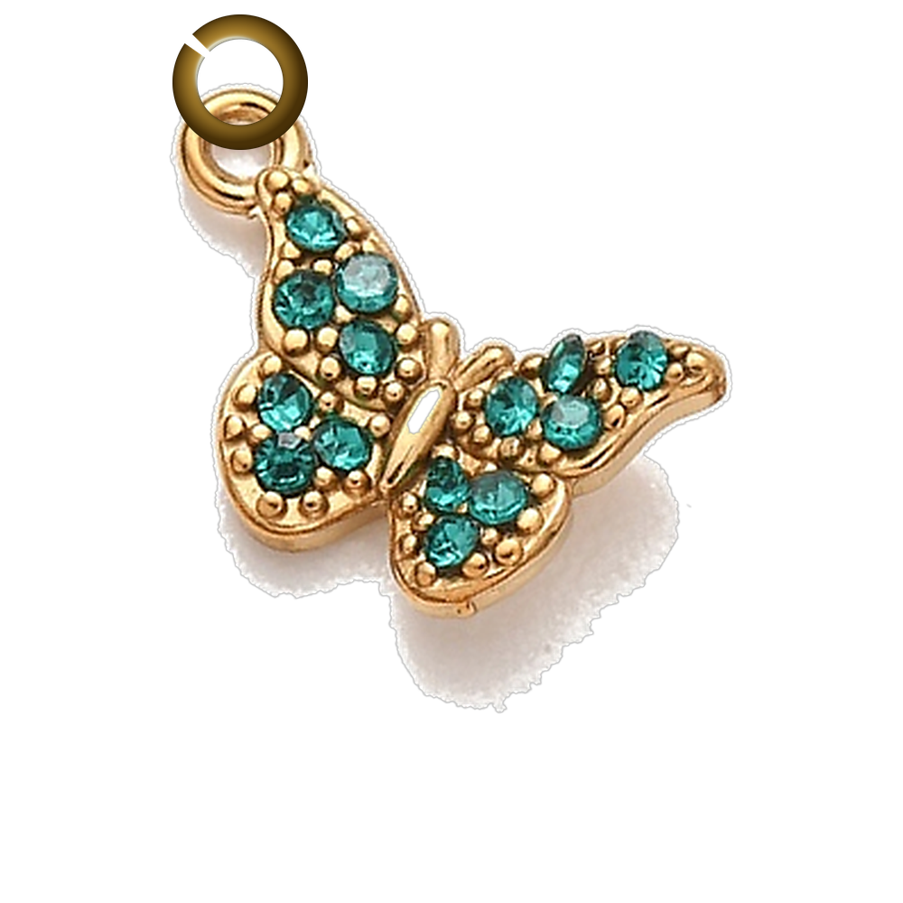 Rhinestone Butterfly Charm - Green charm with jump ring