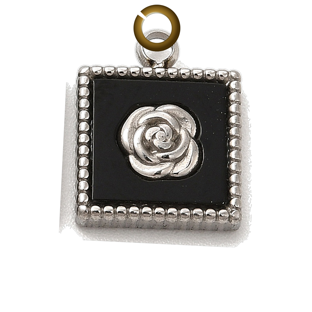 Rose Square Charm - Black charm with jump ring
