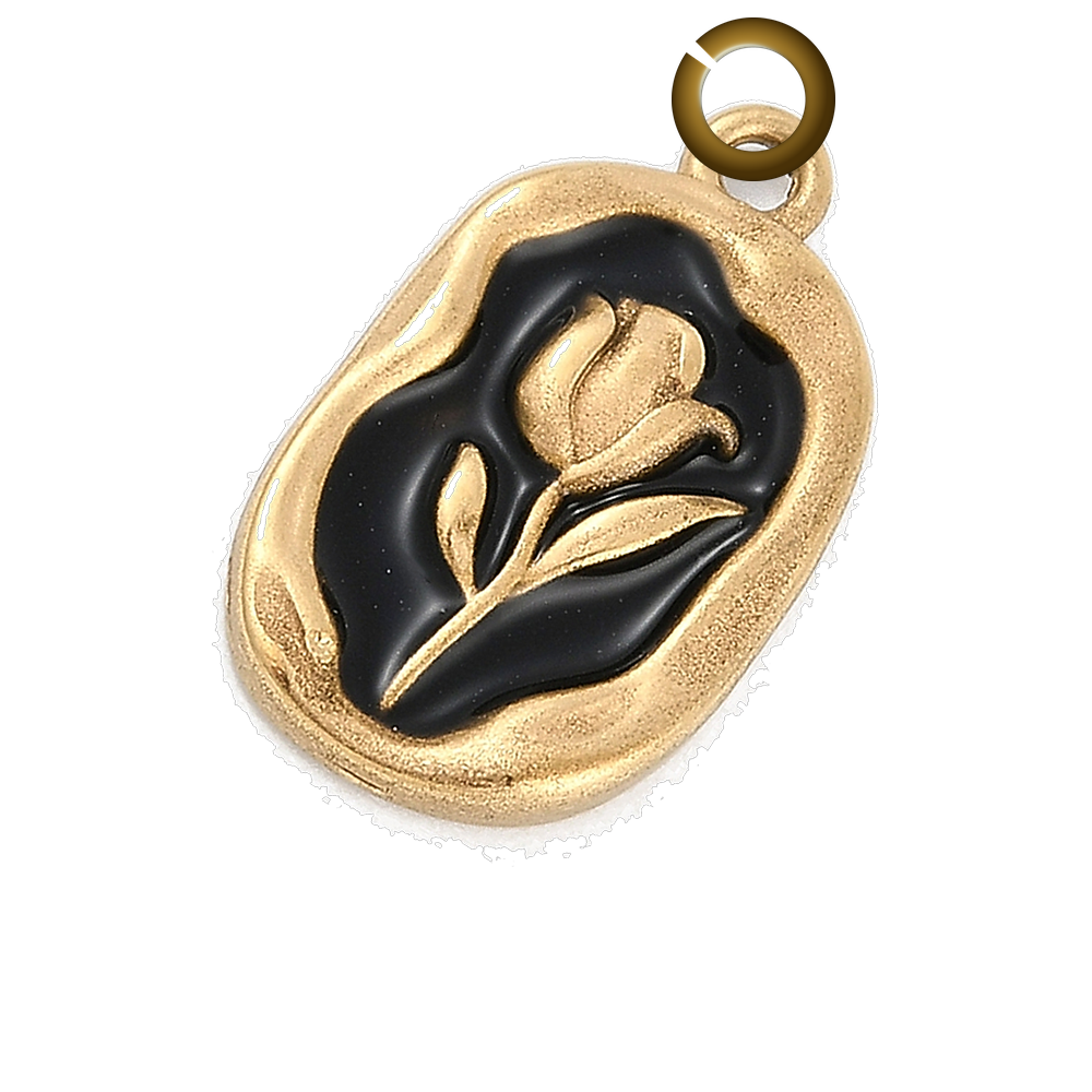 Tulip Oval Charm - Black charm with jump ring