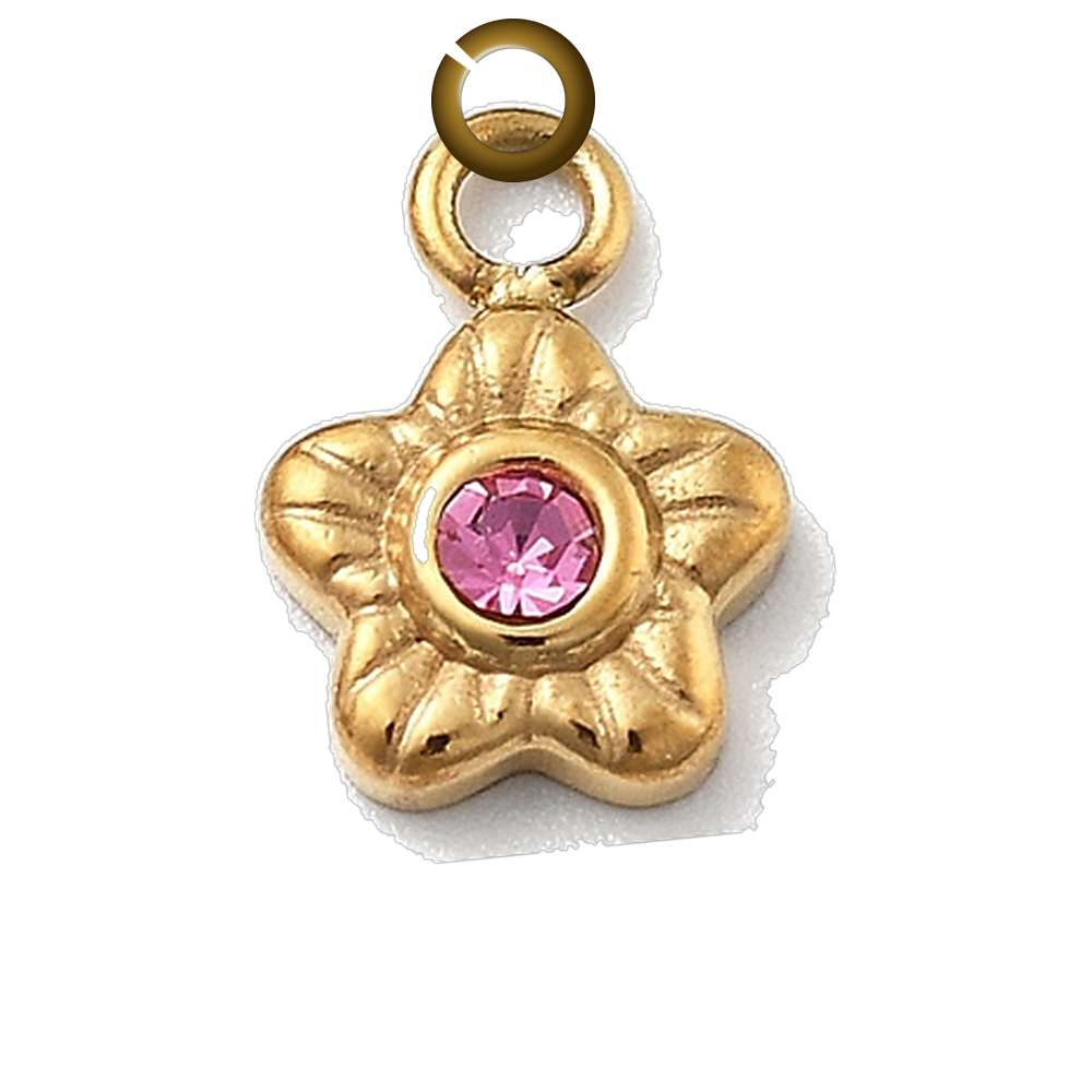 Rhinestone Star Flower Charm - Pink charm with jump ring