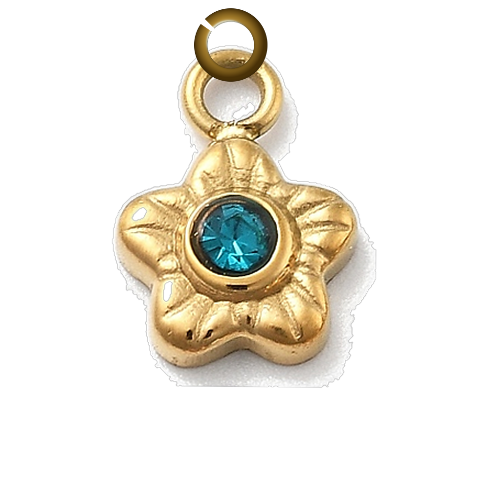 Rhinestone Star Flower Charm - Teal charm with jump ring