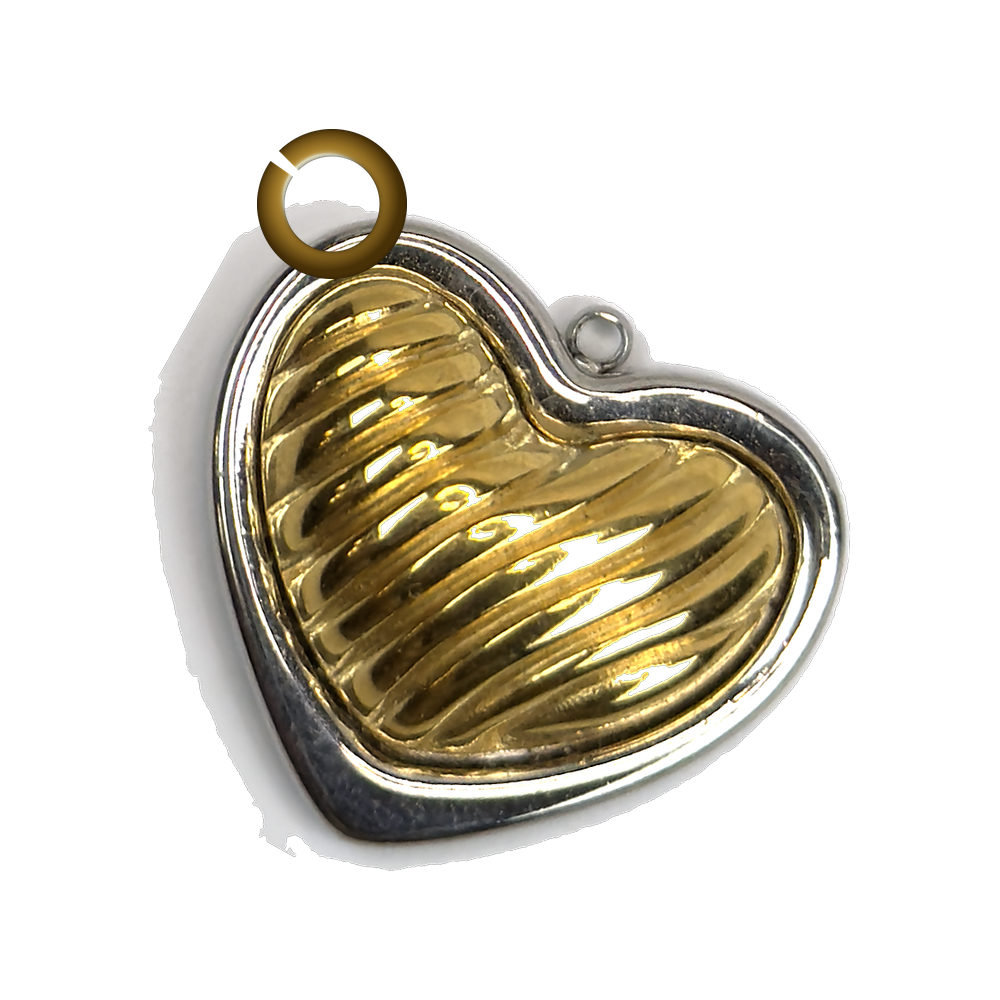 Two Tone Ribbed Heart Charm - Silver Frame charm with jump ring