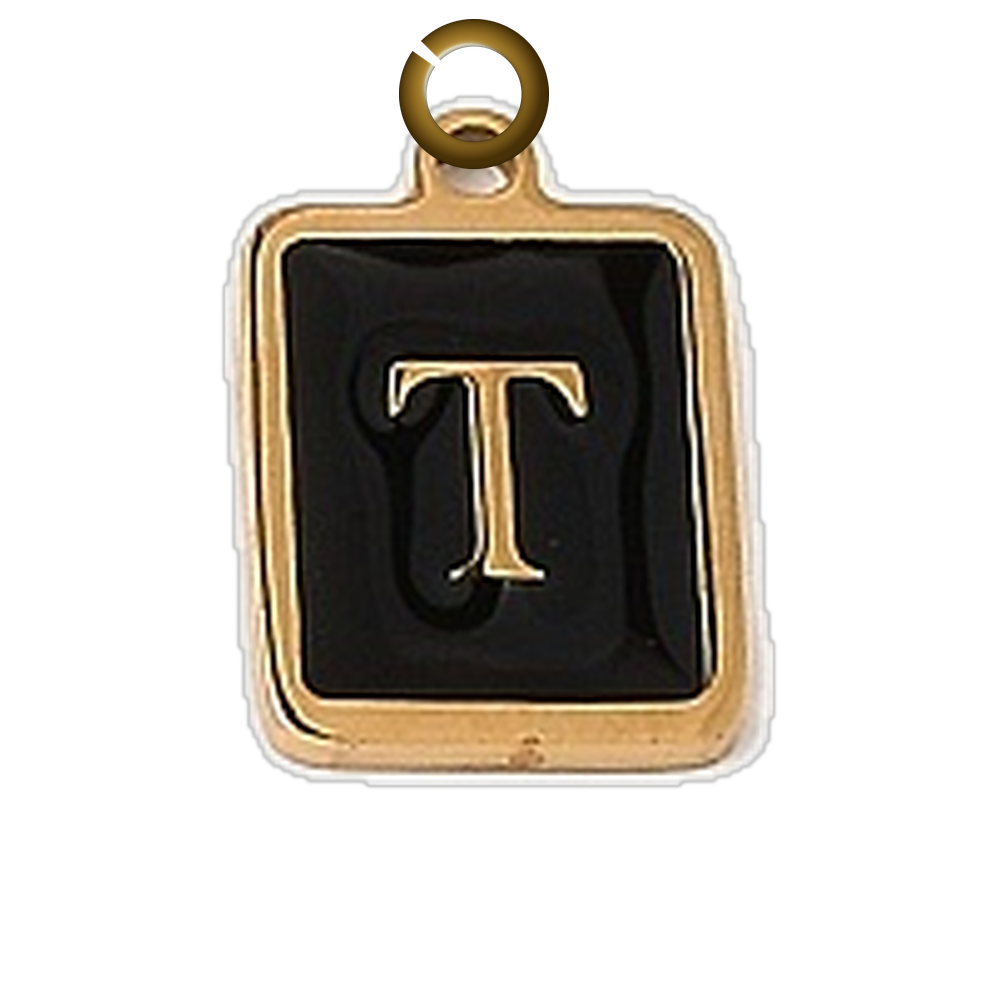 Black Enamel Letter Charm - T charm with jump ring