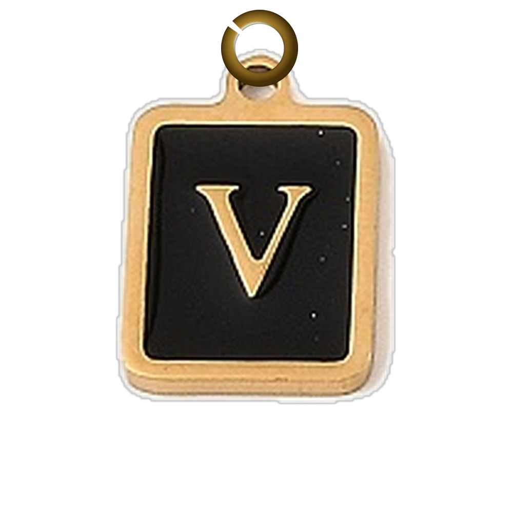 Black Enamel Letter Charm - V charm with jump ring