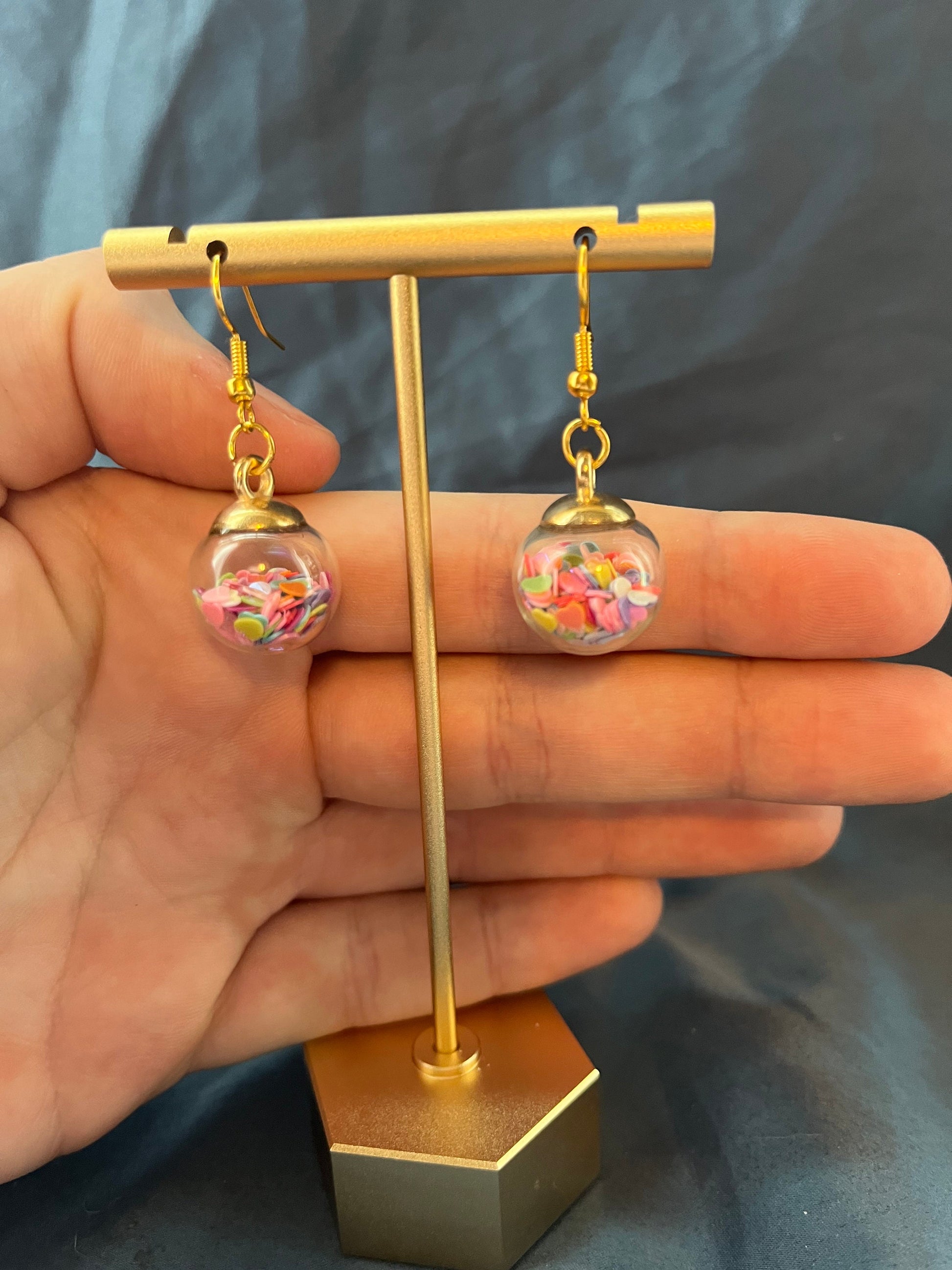 Heart Filled Glass Ball Earrings | Gifts for Daughter | Unique & Fun Earrings | Simple Glass Ball | Heart Confetti | Rave Kandi Jewelry |