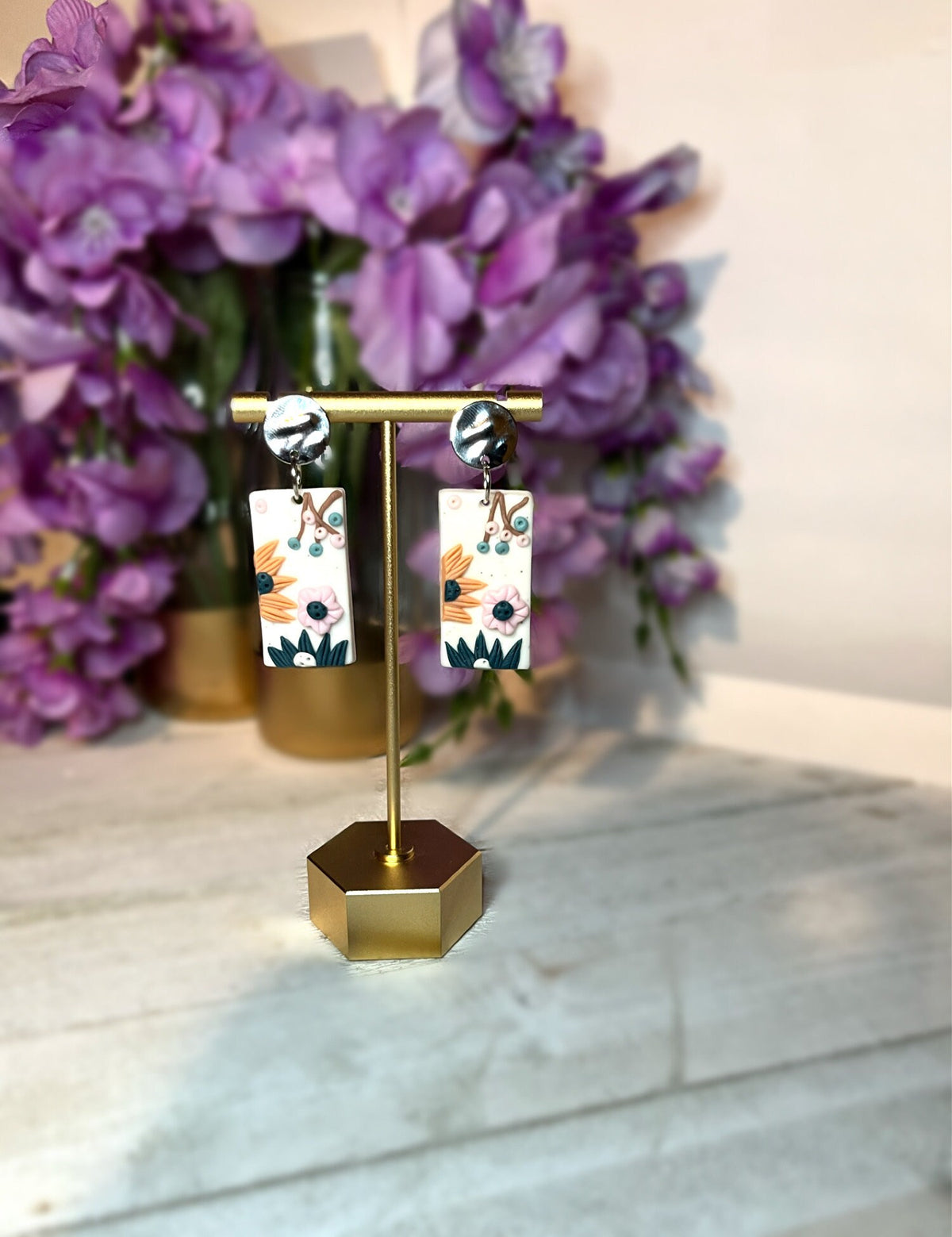 Polymer Clay Flower Design Earrings | Rectangle Flower Earrings | Gold Flower Earrings | Gifts For Women | Unique Flower Earrings Beautiful