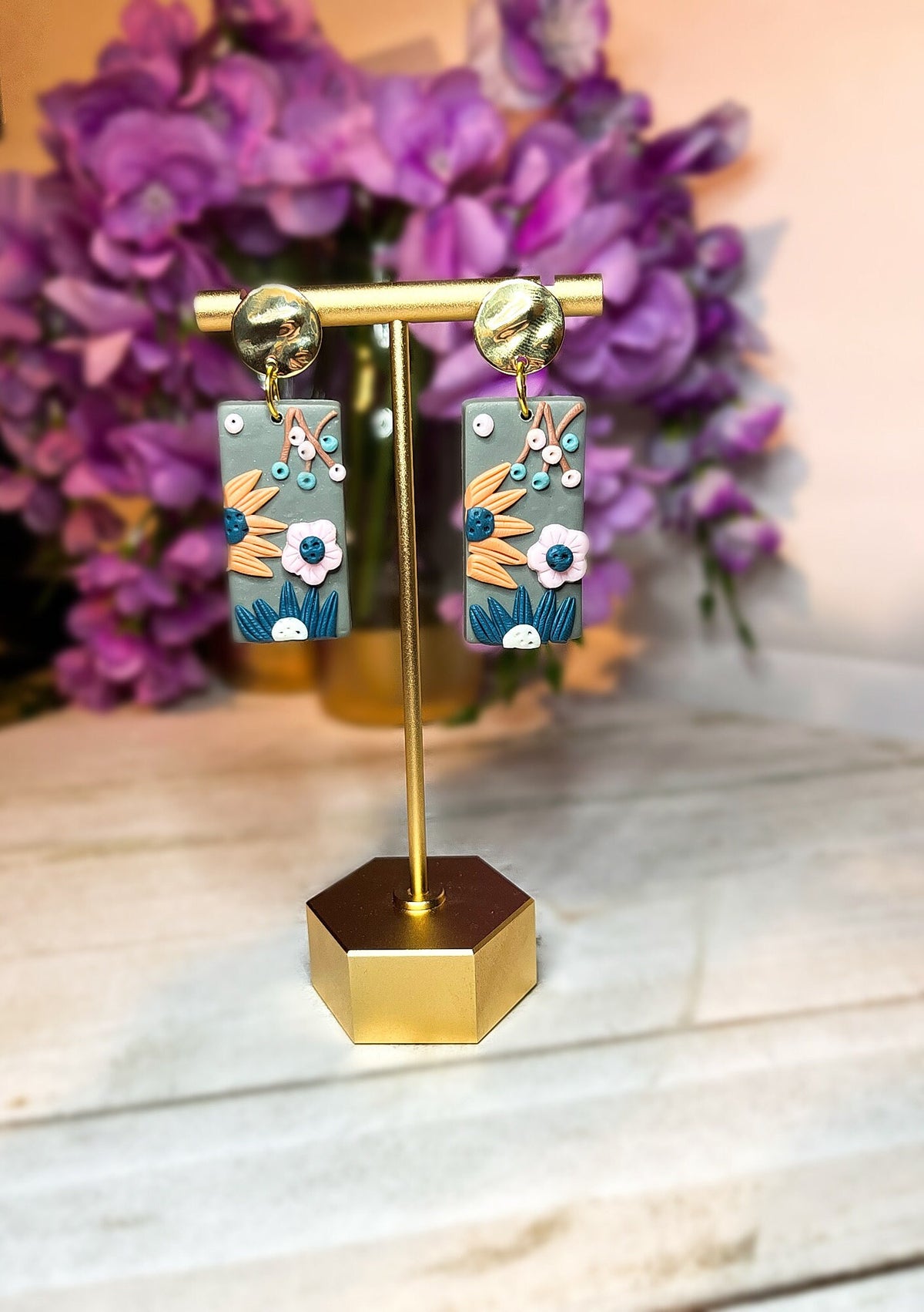 Polymer Clay Flower Design Earrings | Rectangle Flower Earrings | Gold Flower Earrings | Gifts For Women | Unique Flower Earrings Beautiful