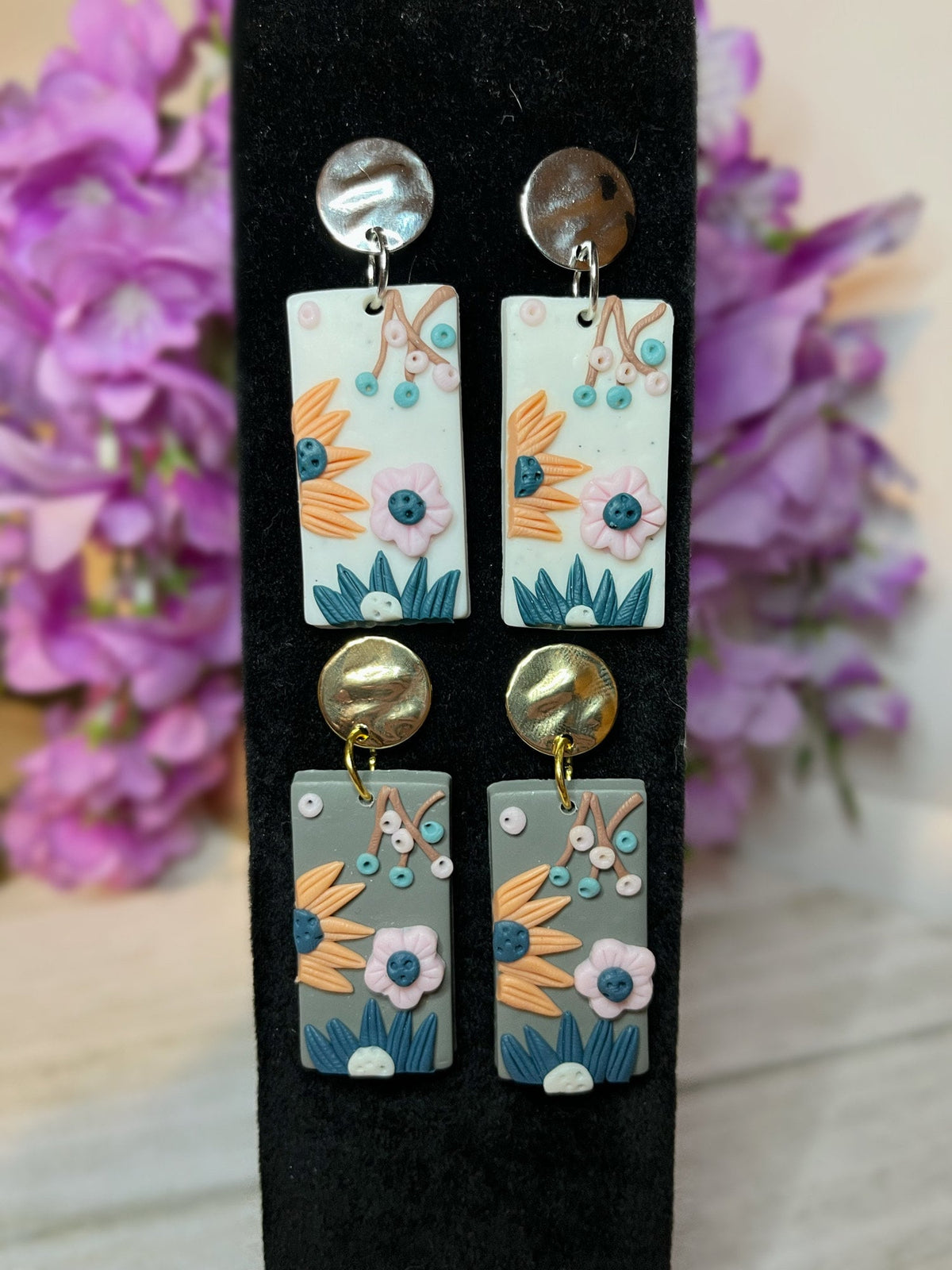 Polymer Clay Flower Design Earrings | Rectangle Flower Earrings | Gold Flower Earrings | Gifts For Women | Unique Flower Earrings Beautiful