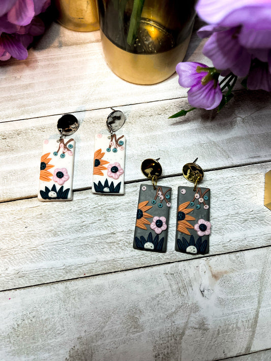 Polymer Clay Flower Design Earrings | Rectangle Flower Earrings | Gold Flower Earrings | Gifts For Women | Unique Flower Earrings Beautiful