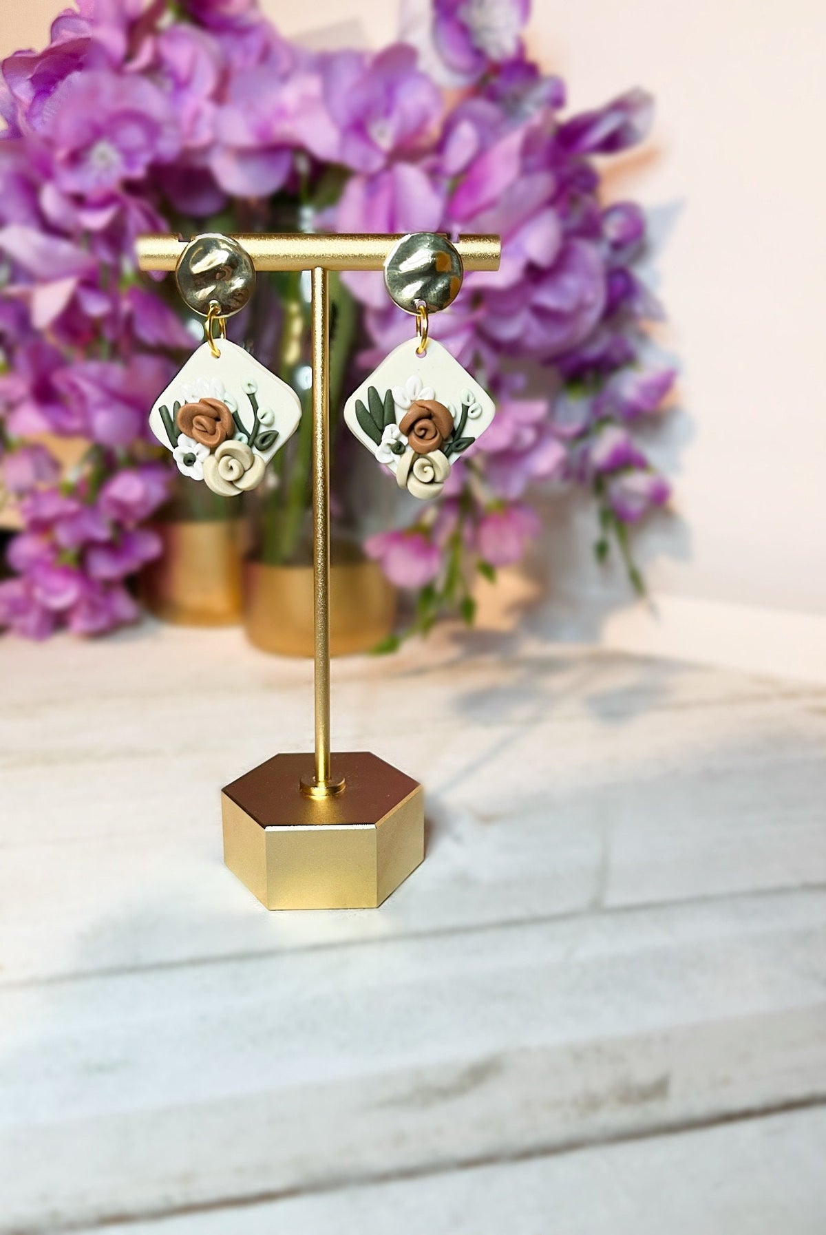 Flower Polymer Clay Earrings w/ Gold Disc | Simple Flower Clay Earrings | Gifts for Women | Work Office Attire | Rose Flower Minimalistic |