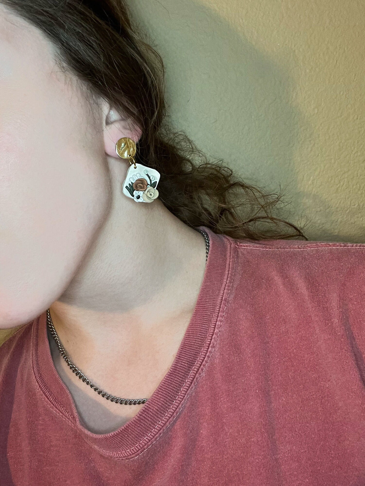 Flower Polymer Clay Earrings w/ Gold Disc | Simple Flower Clay Earrings | Gifts for Women | Work Office Attire | Rose Flower Minimalistic |