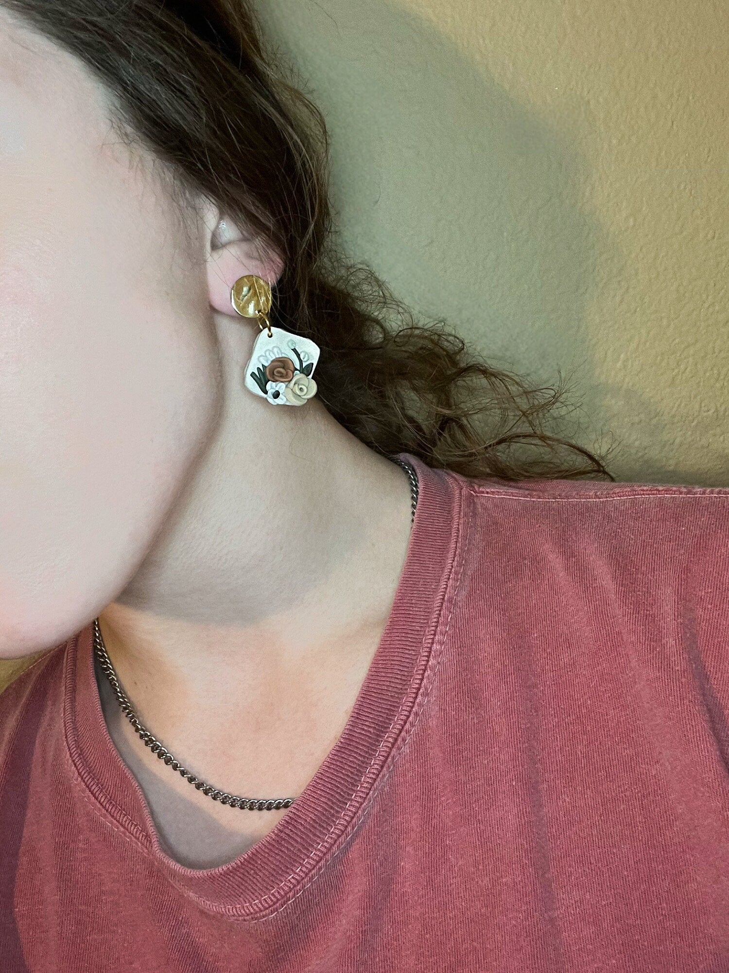 Flower Polymer Clay Earrings w/ Gold Disc | Simple Flower Clay Earrings | Gifts for Women | Work Office Attire | Rose Flower Minimalistic |
