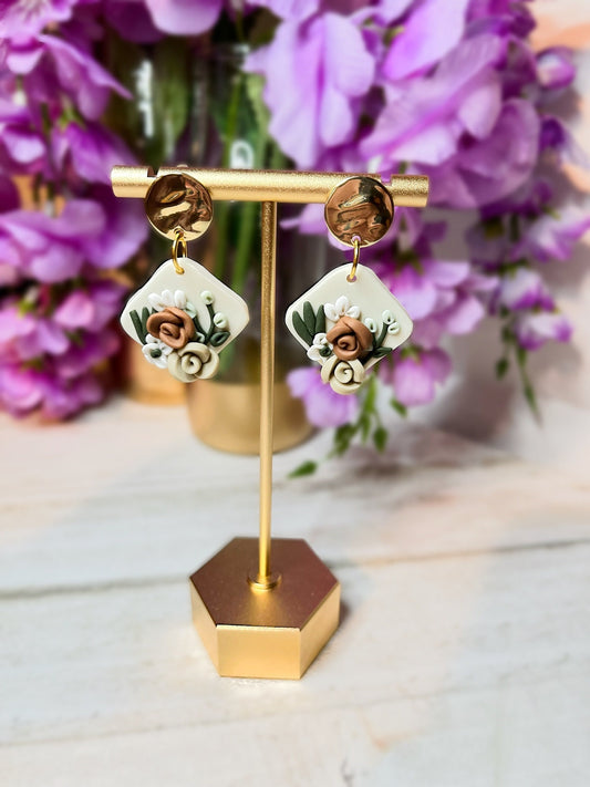 Flower Polymer Clay Earrings w/ Gold Disc | Simple Flower Clay Earrings | Gifts for Women | Work Office Attire | Rose Flower Minimalistic |