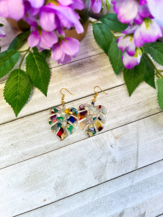 Cellulose Acetate Colorful Monstera Leaf Earrings | Colorful Summer Leaf Earrings | Gifts for Plant Lovers | Unique Simple Leaf | Gold Hook