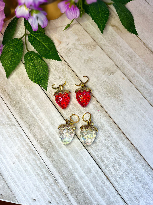 3D Strawberry Earrings | Gold Strawberry Earrings | Summer Fruit Playful Earrings | Big Strawberry | Red and Clear Strawberry Huggie Hoops