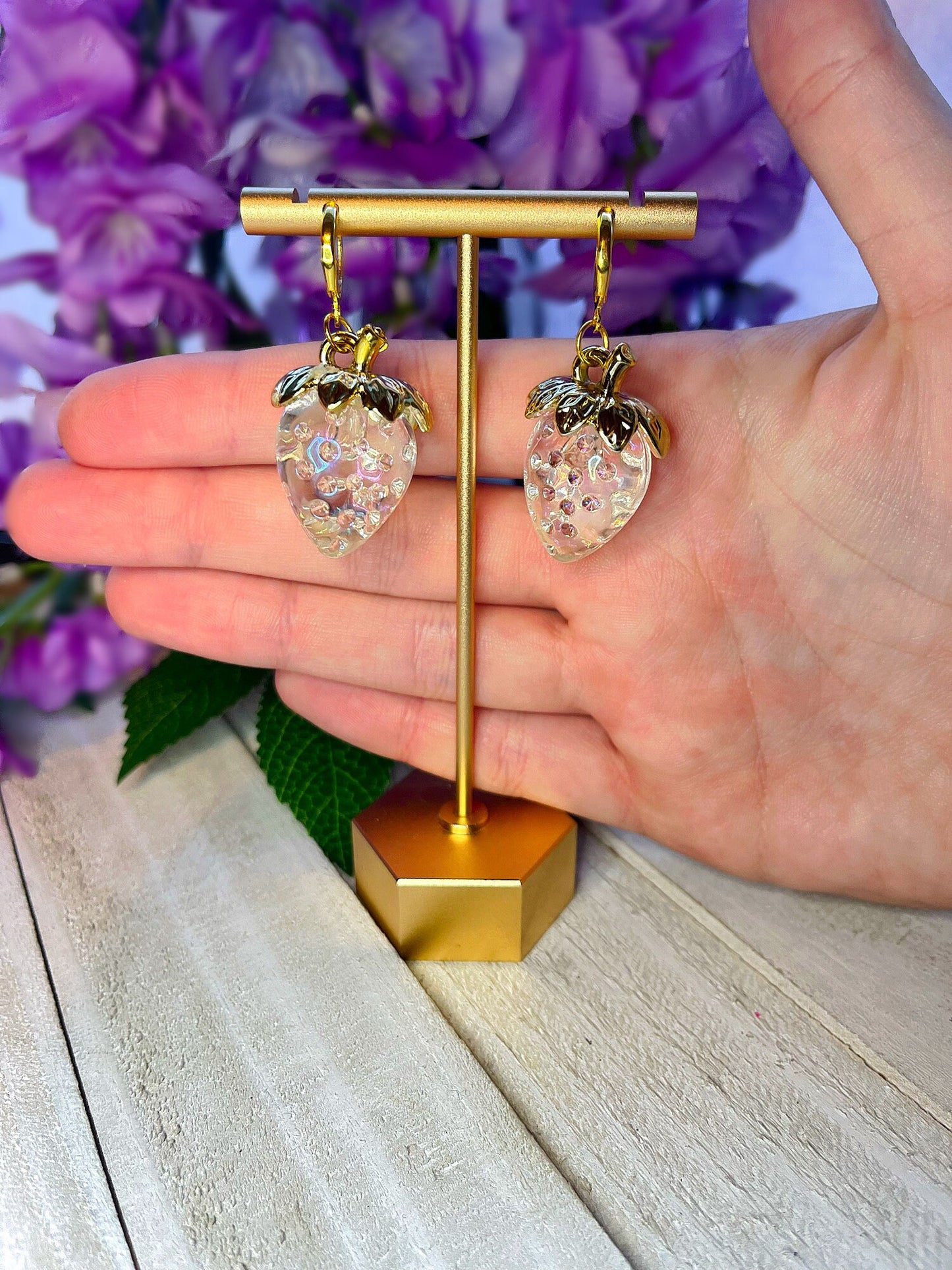3D Strawberry Earrings | Gold Strawberry Earrings | Summer Fruit Playful Earrings | Big Strawberry | Red and Clear Strawberry Huggie Hoops