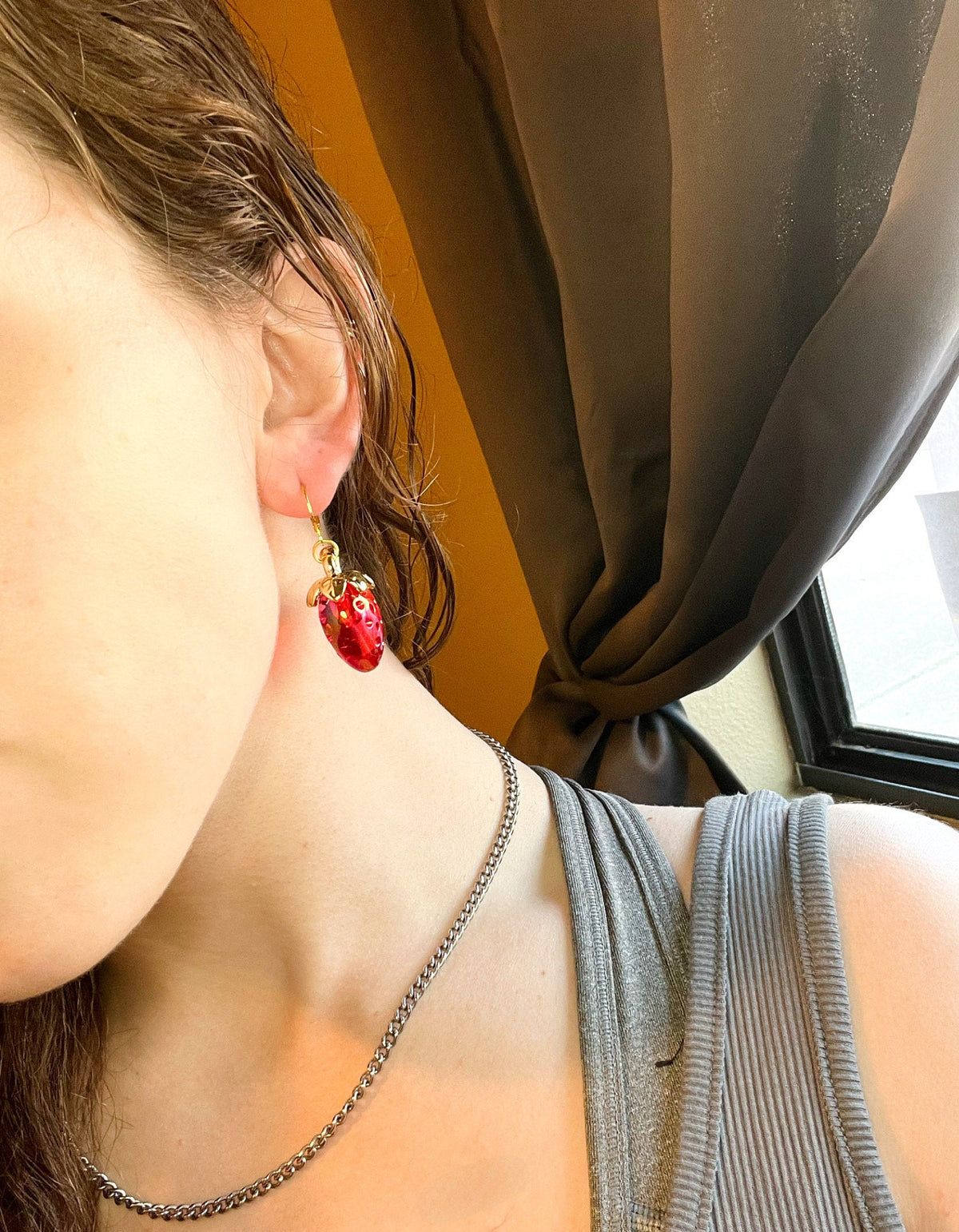 3D Strawberry Earrings | Gold Strawberry Earrings | Summer Fruit Playful Earrings | Big Strawberry | Red and Clear Strawberry Huggie Hoops
