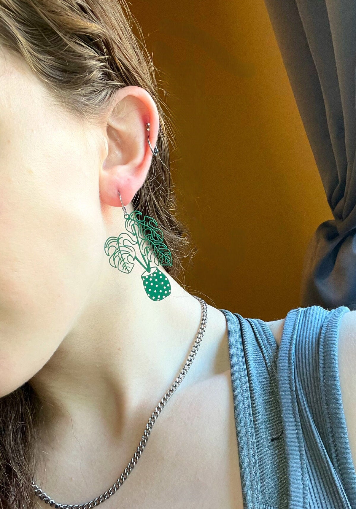 Green Filigree Plant Earrings | Monstera Leaf Plant Shaped Earrings | Green Earrings | Gifts for Plant Lovers | Silver Plant Huggie Hoop |
