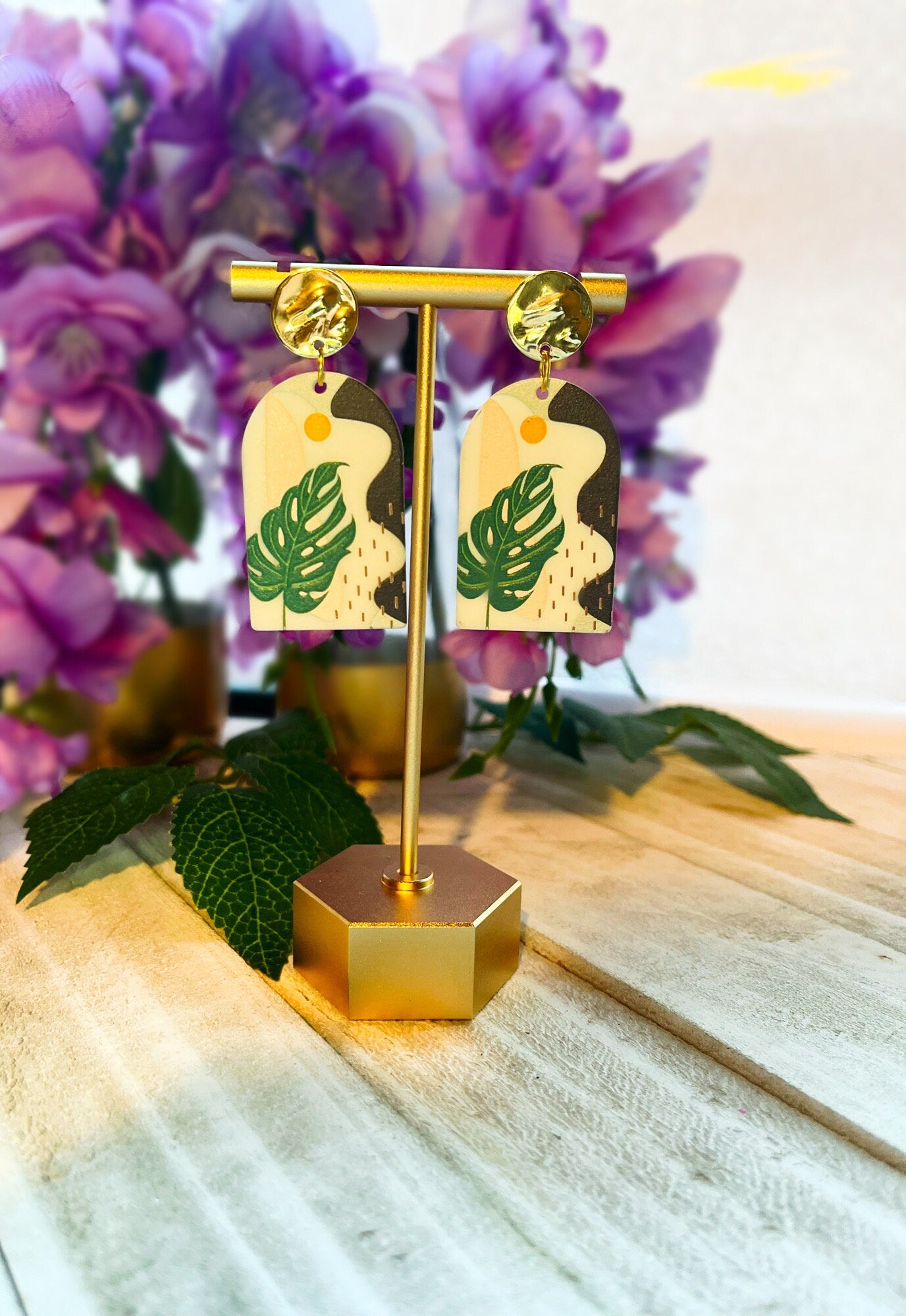 Monstera Leaf Acrylic Earrings | Plant Earrings for Women | Minimalistic Earrings W/ Plant | Gold & Silver Earrings | Green Monstera Plant