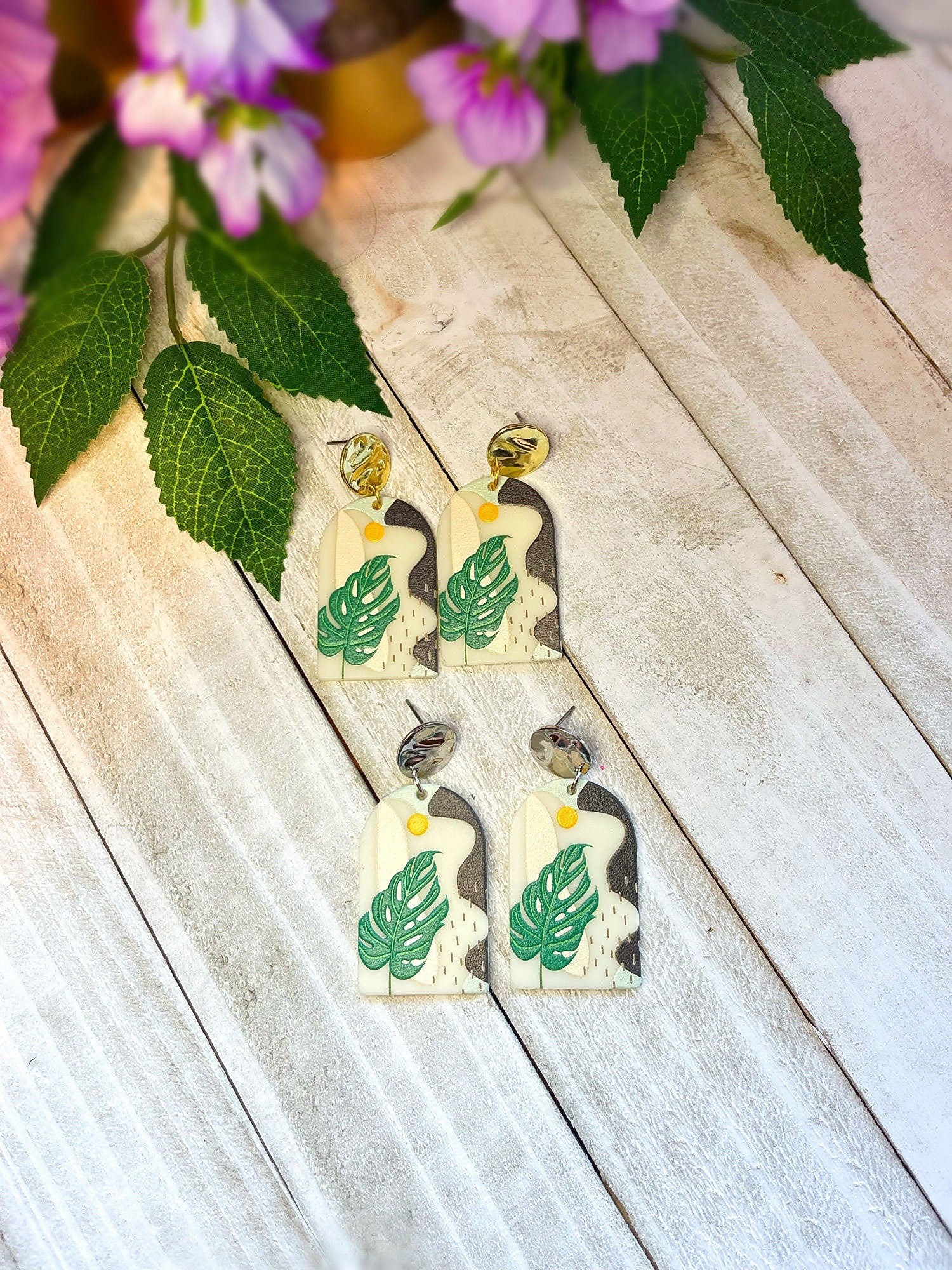 Monstera Leaf Acrylic Earrings | Plant Earrings for Women | Minimalistic Earrings W/ Plant | Gold & Silver Earrings | Green Monstera Plant