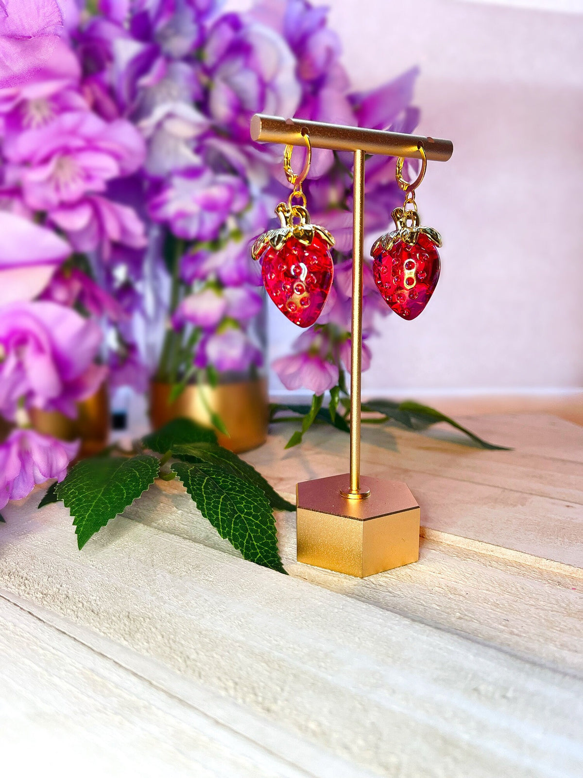 3D Strawberry Earrings | Gold Strawberry Earrings | Summer Fruit Playful Earrings | Big Strawberry | Red and Clear Strawberry Huggie Hoops