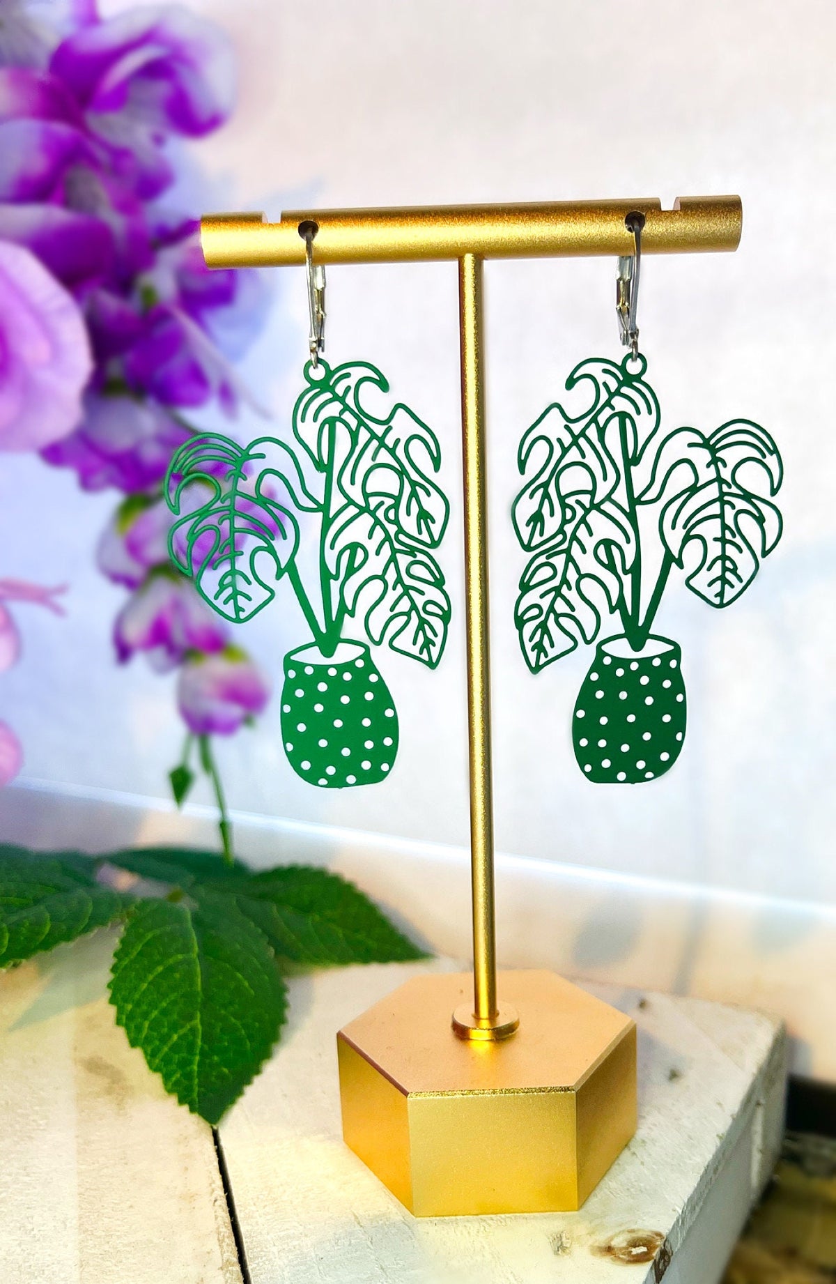 Green Filigree Plant Earrings | Monstera Leaf Plant Shaped Earrings | Green Earrings | Gifts for Plant Lovers | Silver Plant Huggie Hoop |
