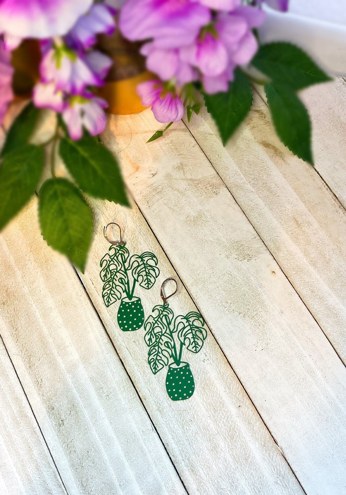 Green Filigree Plant Earrings | Monstera Leaf Plant Shaped Earrings | Green Earrings | Gifts for Plant Lovers | Silver Plant Huggie Hoop |