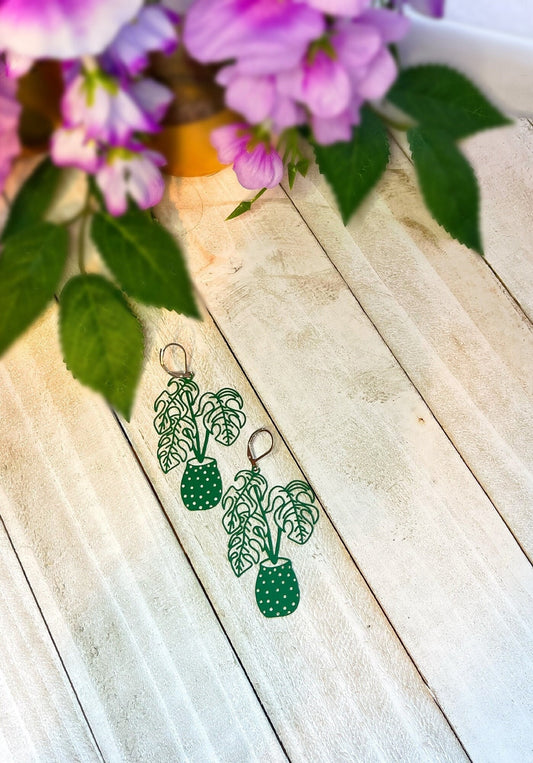 Green Filigree Plant Earrings | Monstera Leaf Plant Shaped Earrings | Green Earrings | Gifts for Plant Lovers | Silver Plant Huggie Hoop |