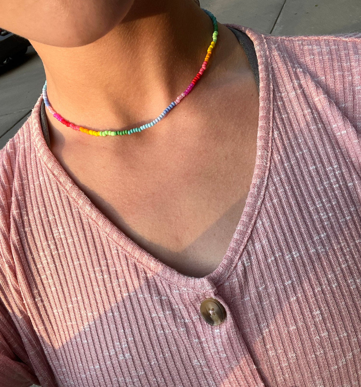 Rainbow Seed Bead Necklace | Summer Necklaces for Women | Colorful Vibrant Simple Necklace | Necklaces for Layering | Y2K Trendy Jewelry