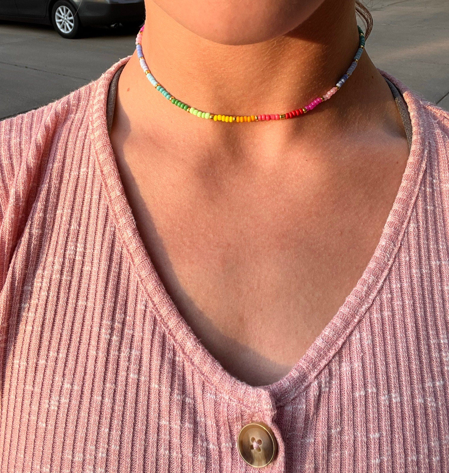 Rainbow Seed Bead Necklace | Summer Necklaces for Women | Colorful Vibrant Simple Necklace | Necklaces for Layering | Y2K Trendy Jewelry