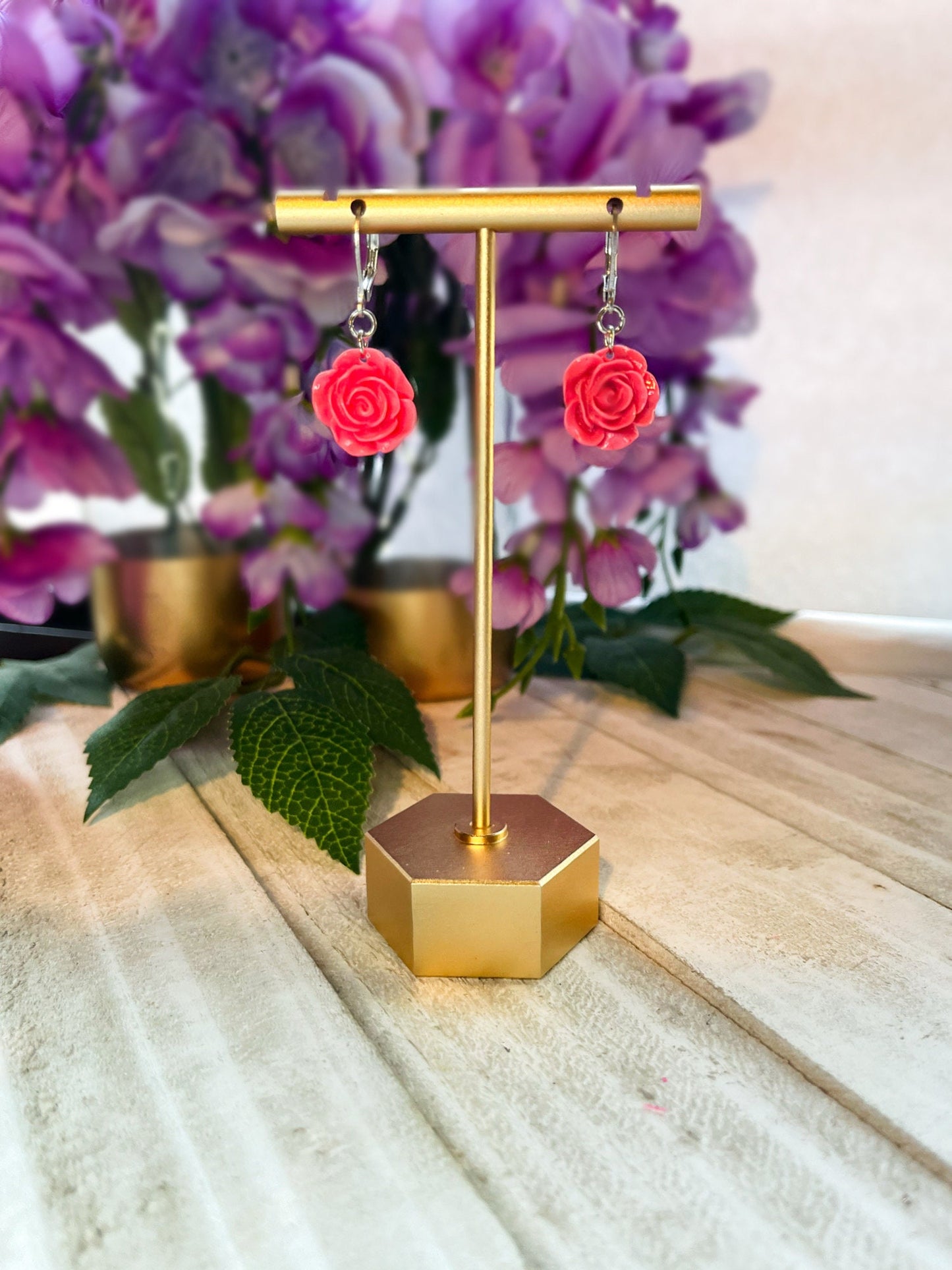 Acrylic Flower Dangle Earrings | Summer Colorful Flower Earrings | Rose Earrings Angled | Gifts for Women | Rainbow Flowers | Huggie Hoops |