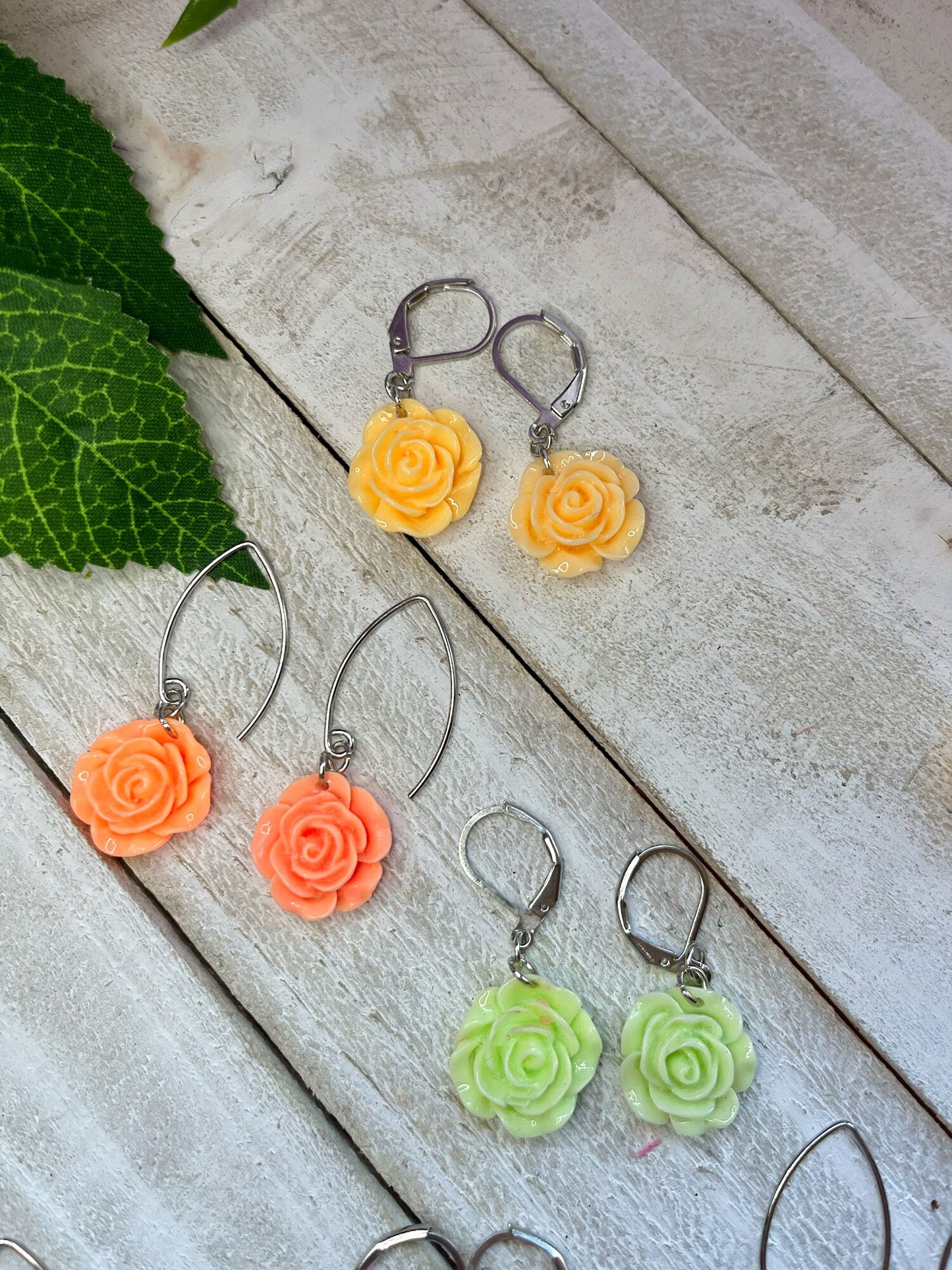 Acrylic Flower Dangle Earrings | Summer Colorful Flower Earrings | Rose Earrings Angled | Gifts for Women | Rainbow Flowers | Huggie Hoops |